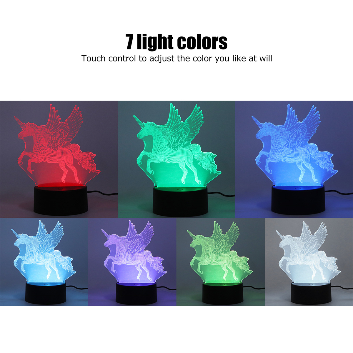 7 Einhorn-Lampen in verschiedenen Farben, mit schwarzem Sockel und Flügeln.