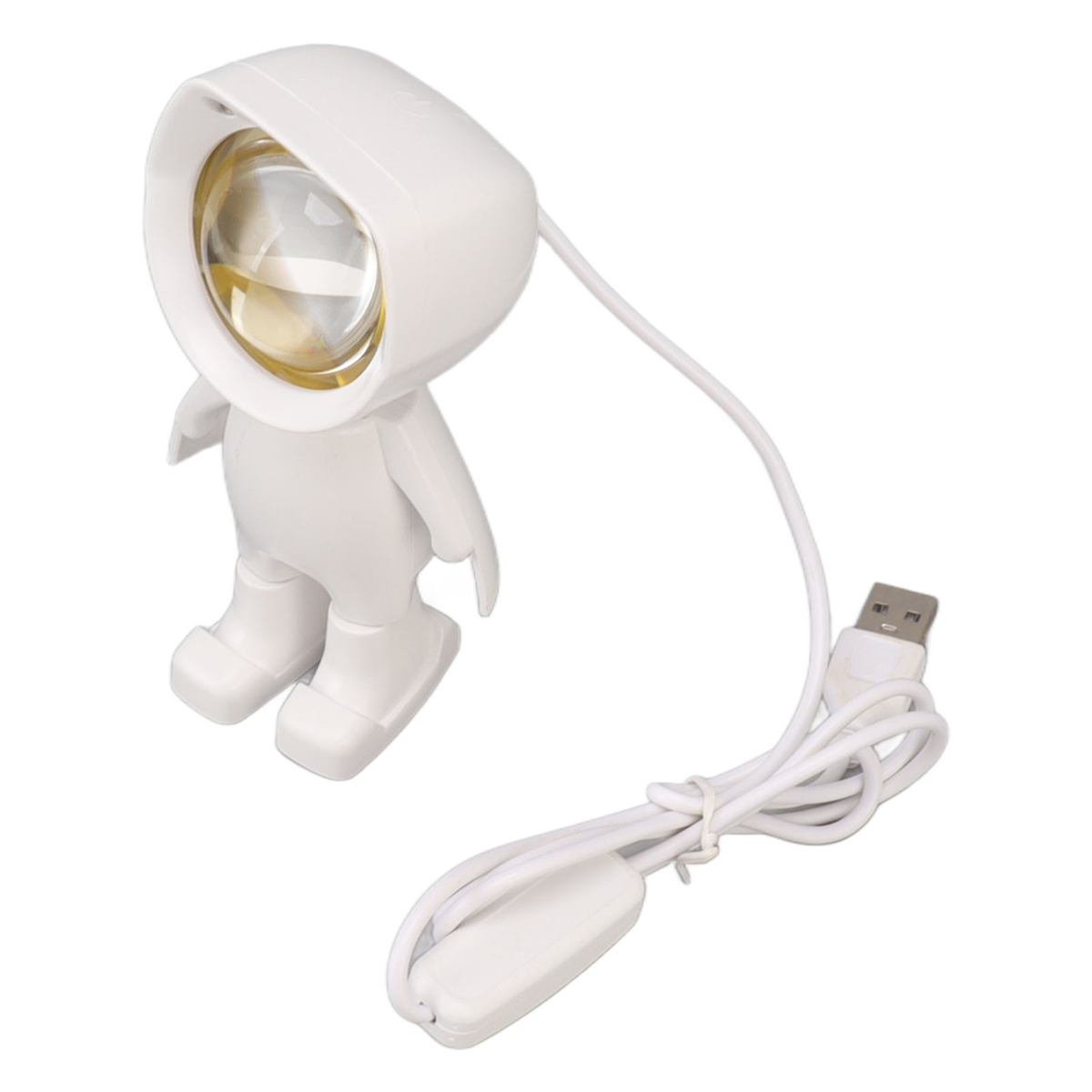 Weiße Lampe in Form eines kleinen Roboters. USB-Kabel angeschlossen.