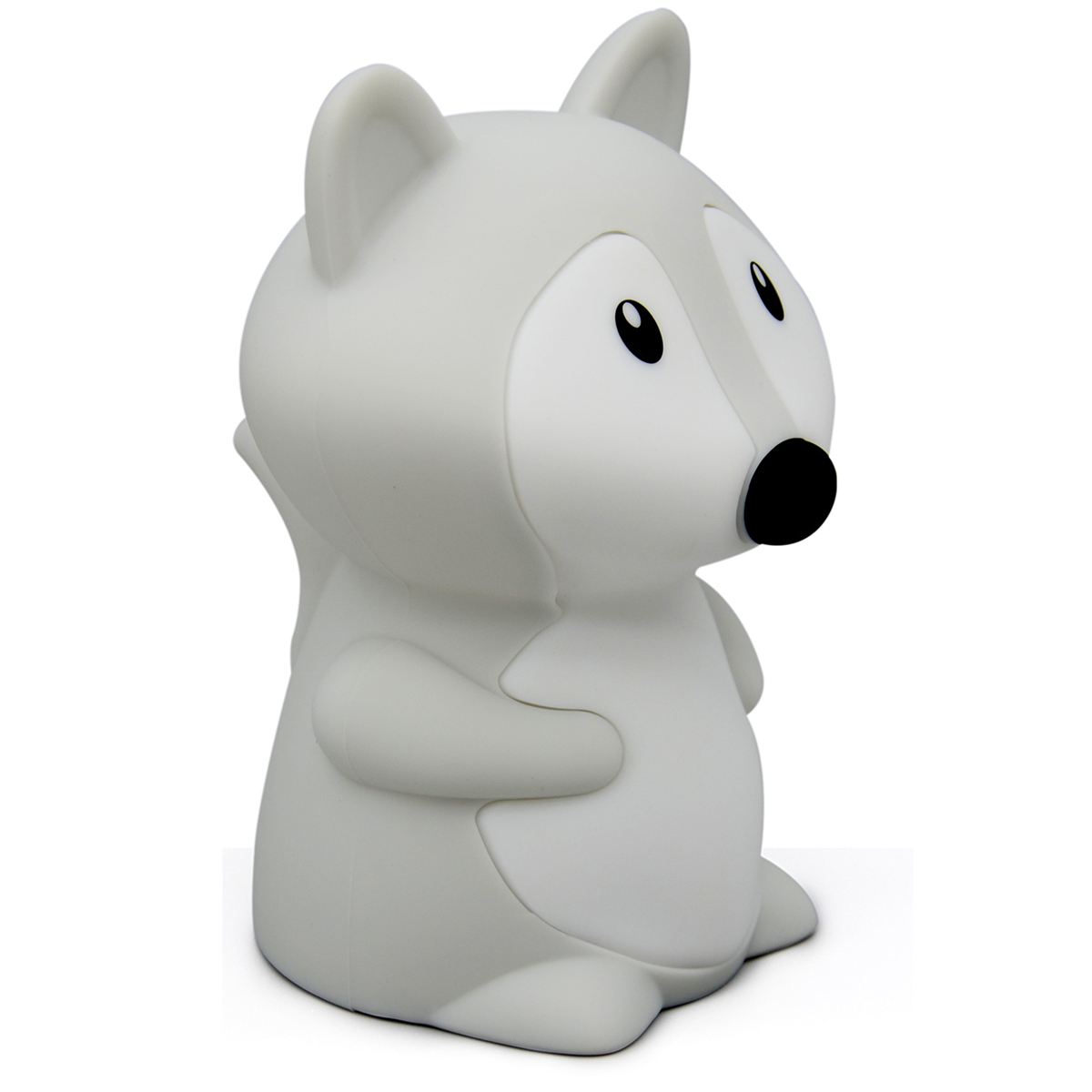 Graue und weiße Cartoon-Husky-Lampe. Sitzend, mit schwarzer Nase und Augen.