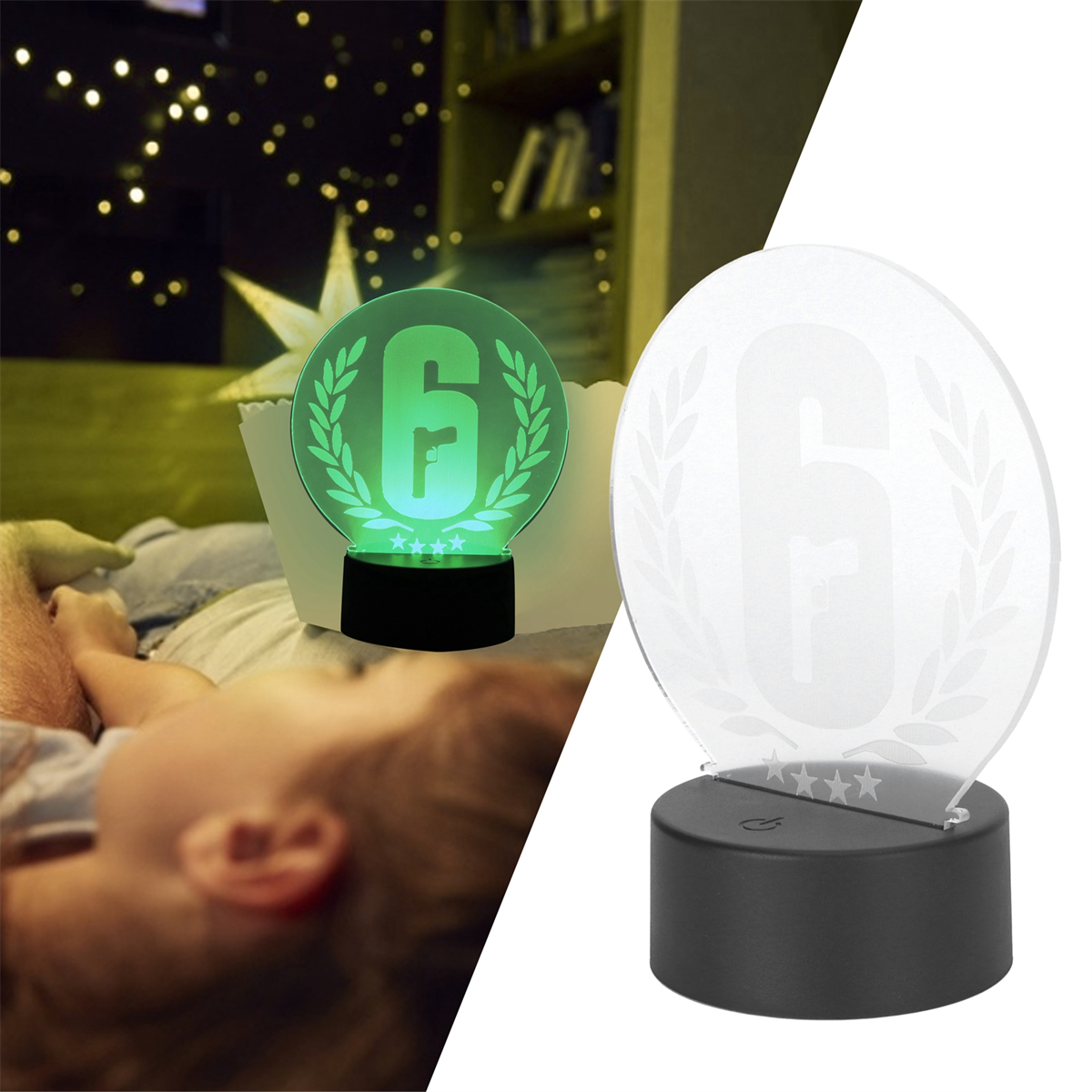 Eine grüne und weiße Lampe mit der Nummer 6, einem Lorbeerkranz und einem schwarzen Sockel.