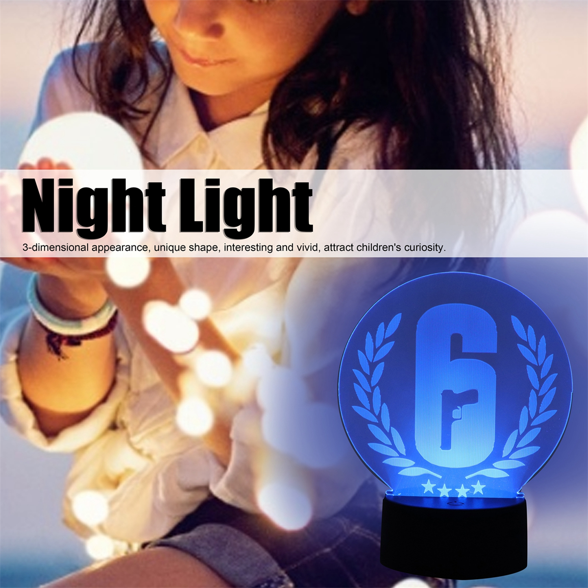 Ein Nachtlicht mit einem '6'-Logo und einem Mädchen. Das Licht ist blau und der Hintergrund ist unscharf.