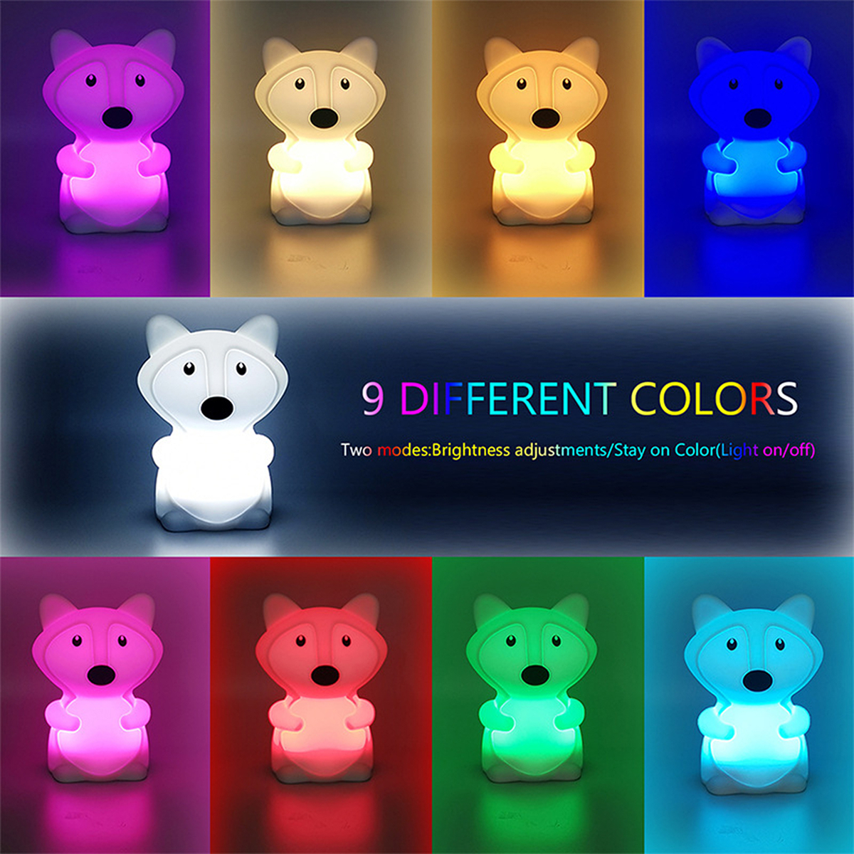 Neun farbenfrohe fuchsformige Nachtlichter, die verschiedene Farben zeigen. Der Hintergrund ist weiß.