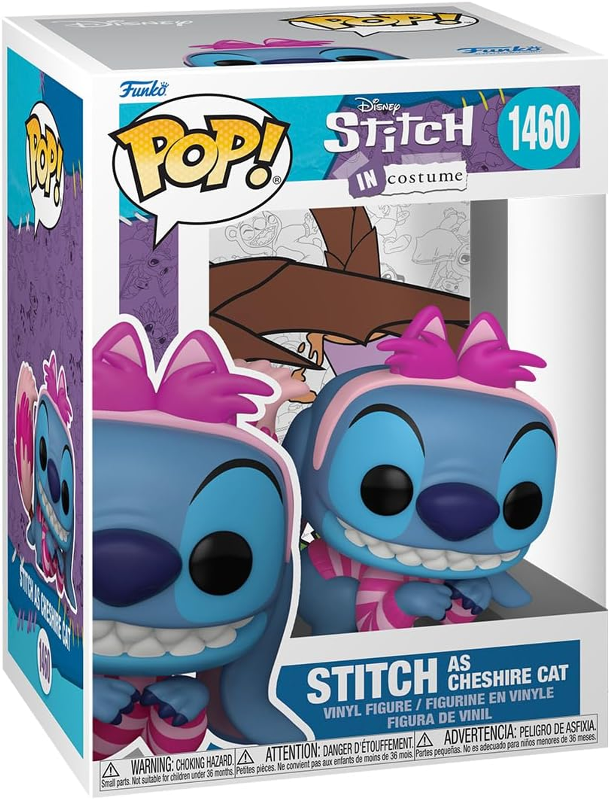 Figurka Funko Pop Stitcha przebranego za Kota z Cheshire, w pudełku z rysunkami w tle.