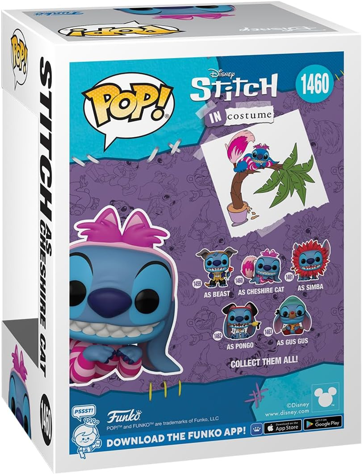 Pudełko Funko Pop. Stitch w kostiumie Kota z Cheshire. Ilustracje wielu figurek Stitch.