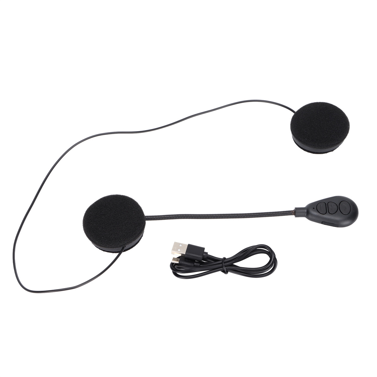 Motorradhelm-Headset mit zwei Ohrpolstern, einem Mikrofon und einem USB-Kabel. Weißer Hintergrund.