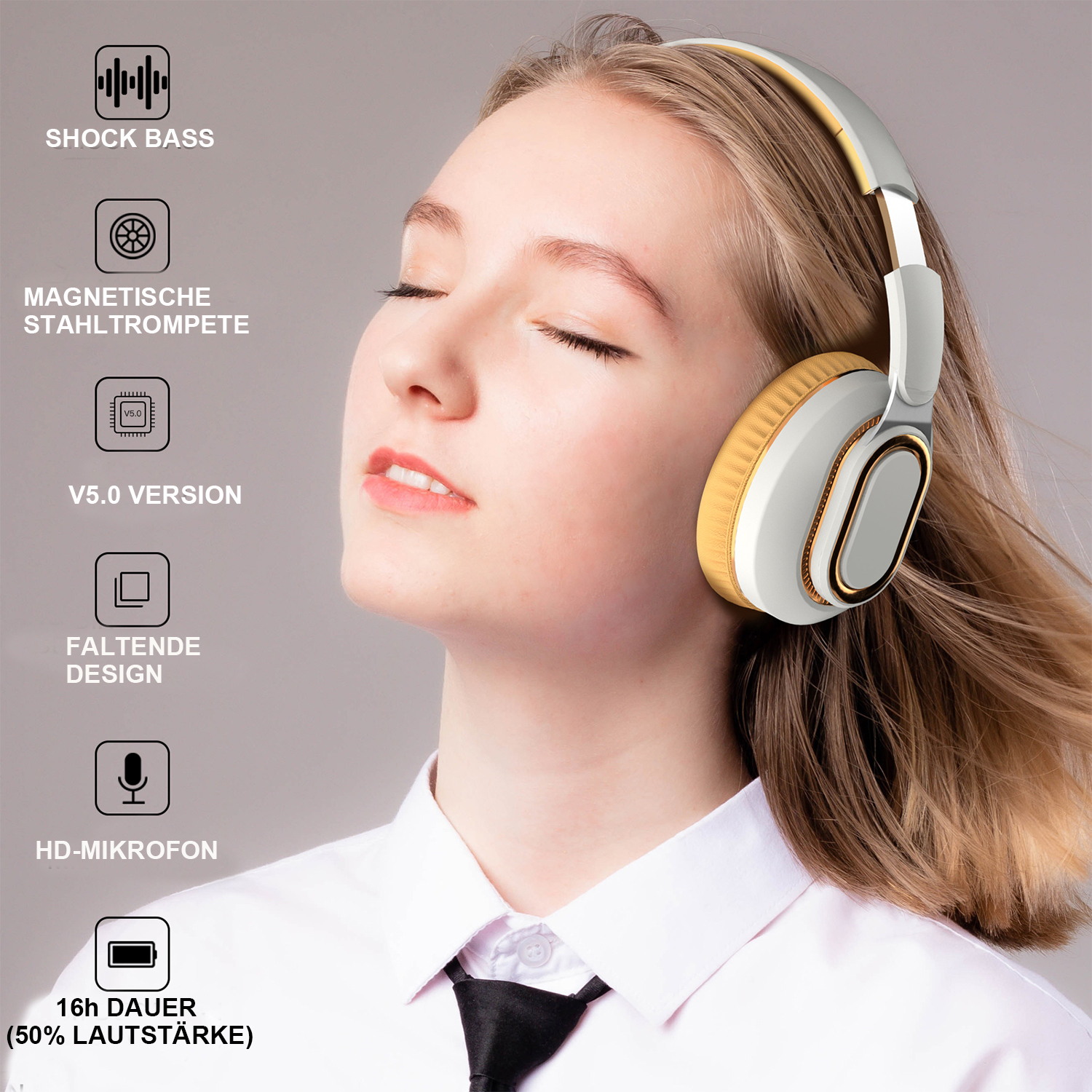 Eine Frau mit Kopfhörern. Grafiken zeigen Funktionen wie 'SHOCK BASS' und 'HD-MIKROFON'.