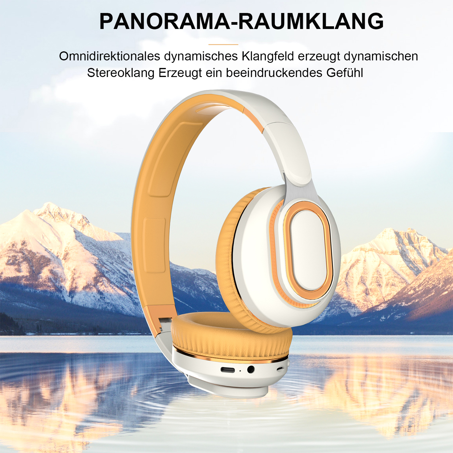 Gelb-weißer Kopfhörer mit Text über Panoramaton. Berge und Wasser im Hintergrund.