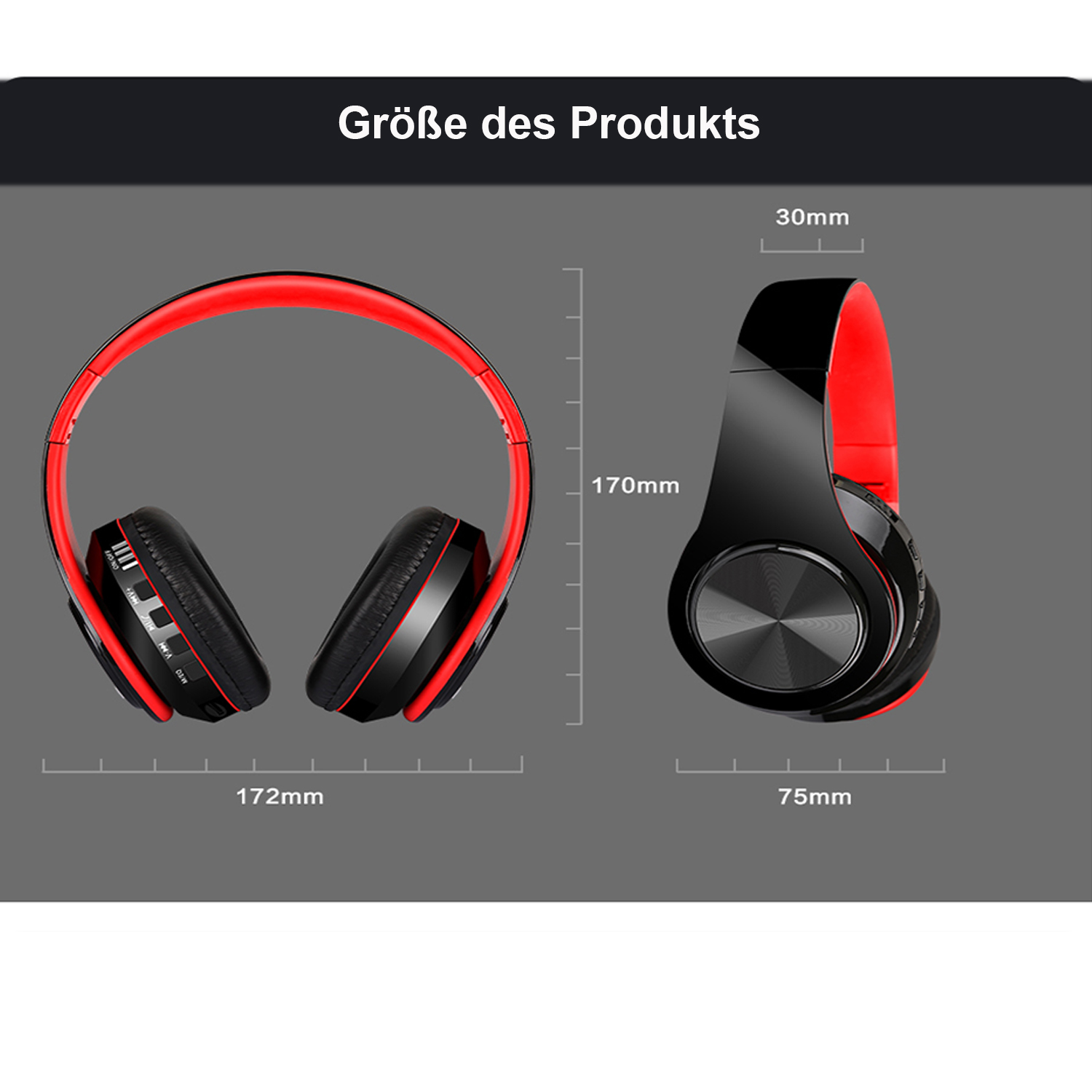 Rote und schwarze Kopfhörer mit Maßen, vor schwarzem Hintergrund.