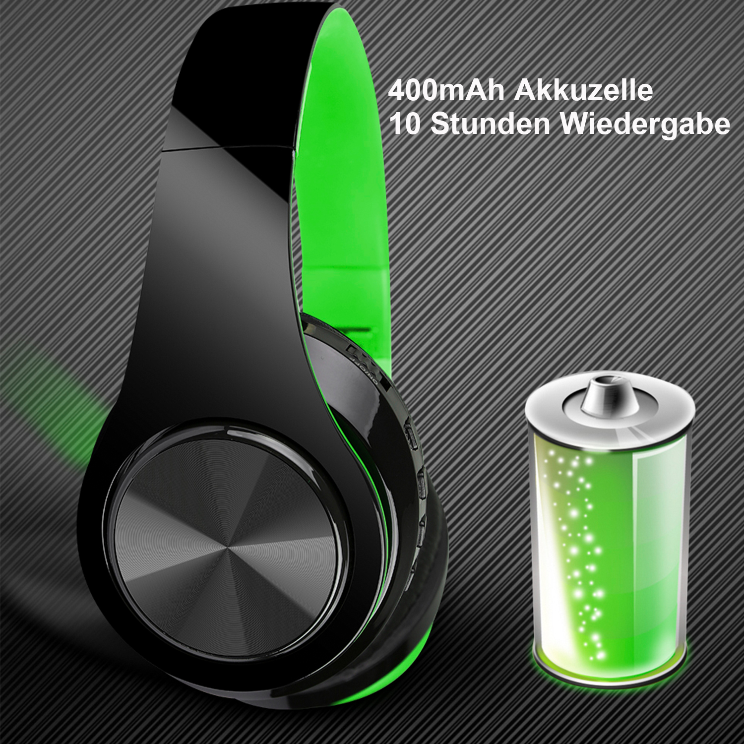 Schwarze und grüne Kopfhörer mit silbernem Akzent. Ein Batteriesymbol zeigt einen grünen Ladezustand an.