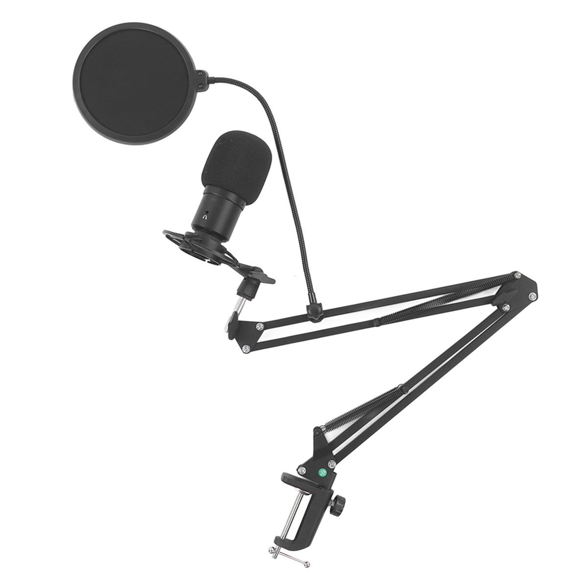 Ein Mikrofon mit Pop-Filter und einem Mikrofonarm. Der Arm ist schwarz und das Setup ist auf weißem Hintergrund.