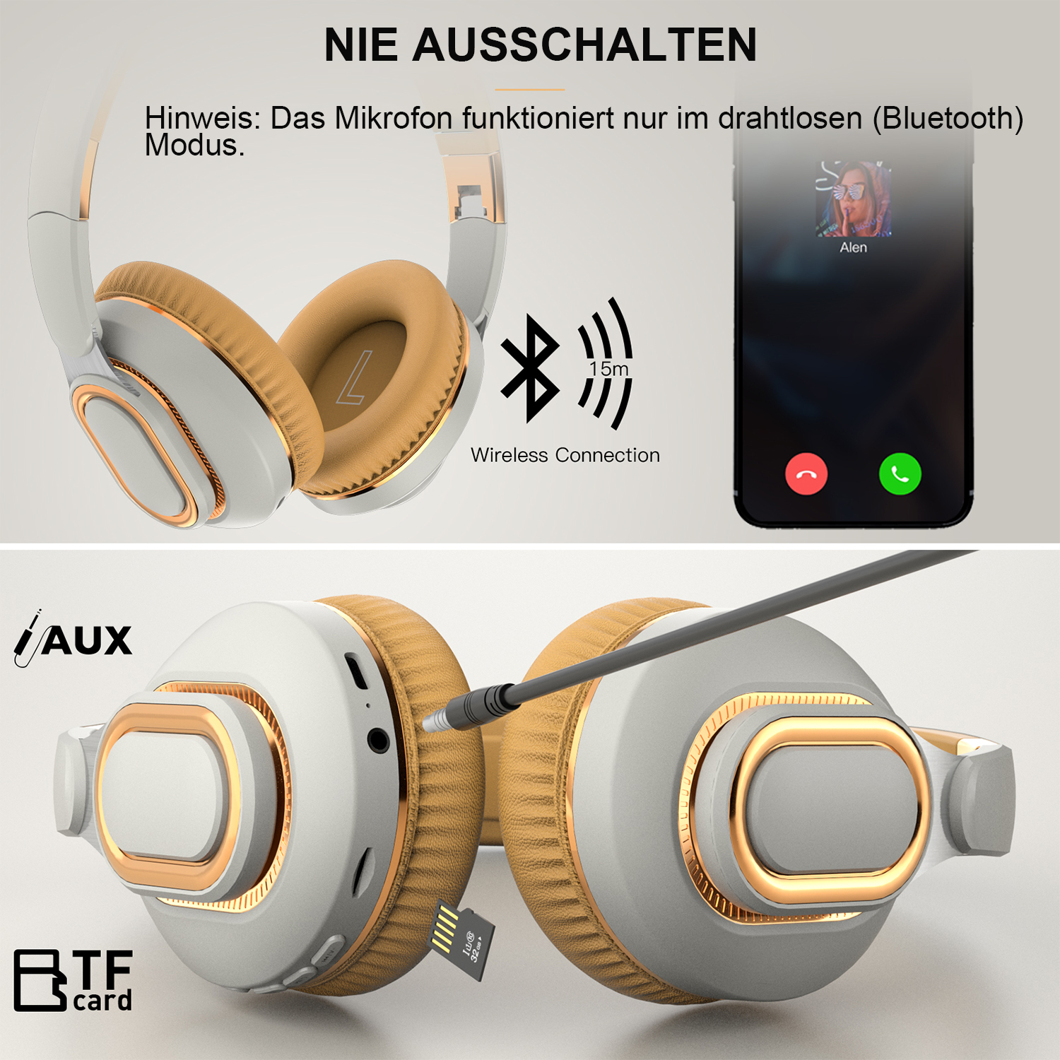Weiße und braune Kopfhörer mit Bluetooth- und AUX-Funktionen. Telefon zeigt einen Anrufbildschirm.
