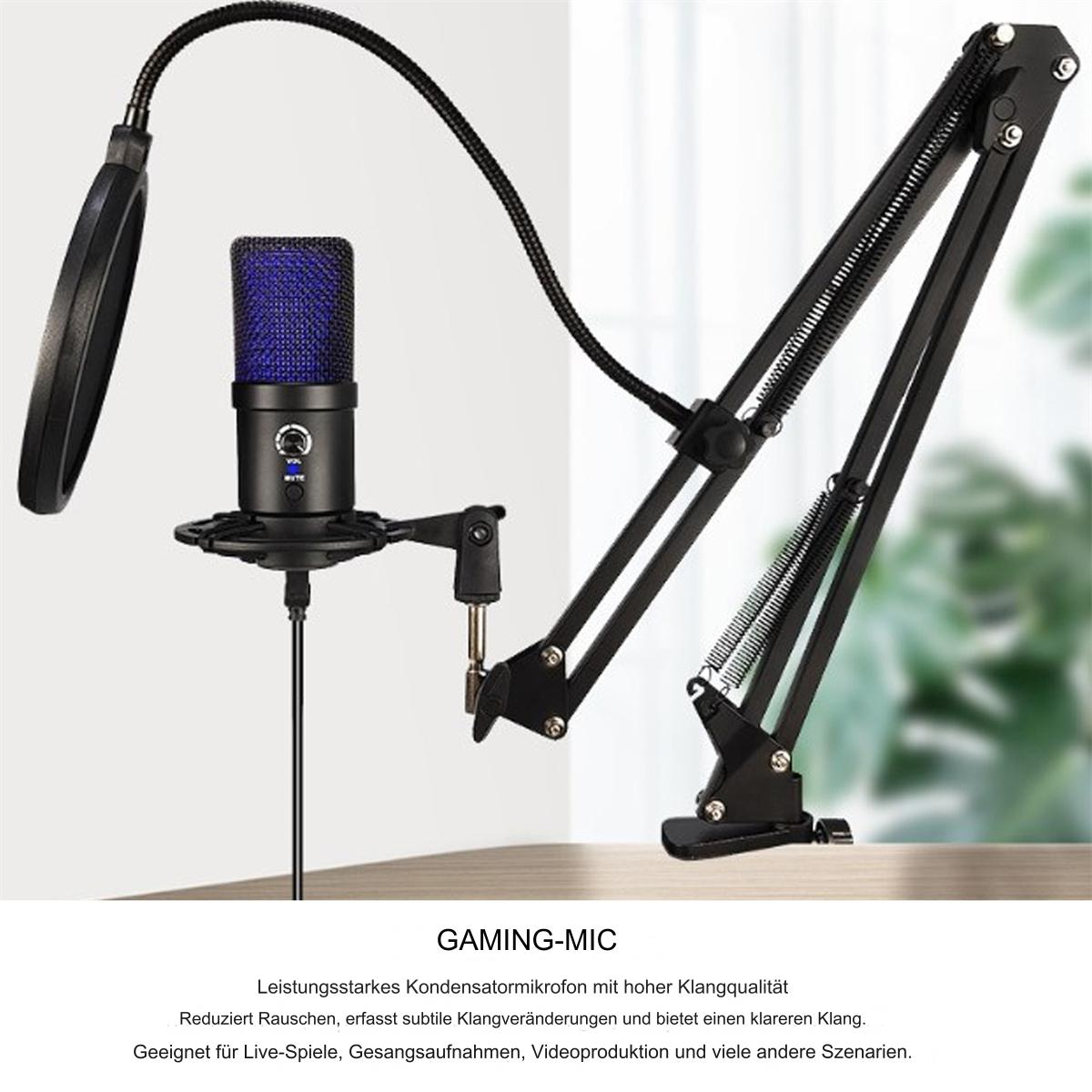 Ein schwarzes Mikrofon mit blauem Netz, montiert auf einem schwarzen Ständer mit Pop-Filter.