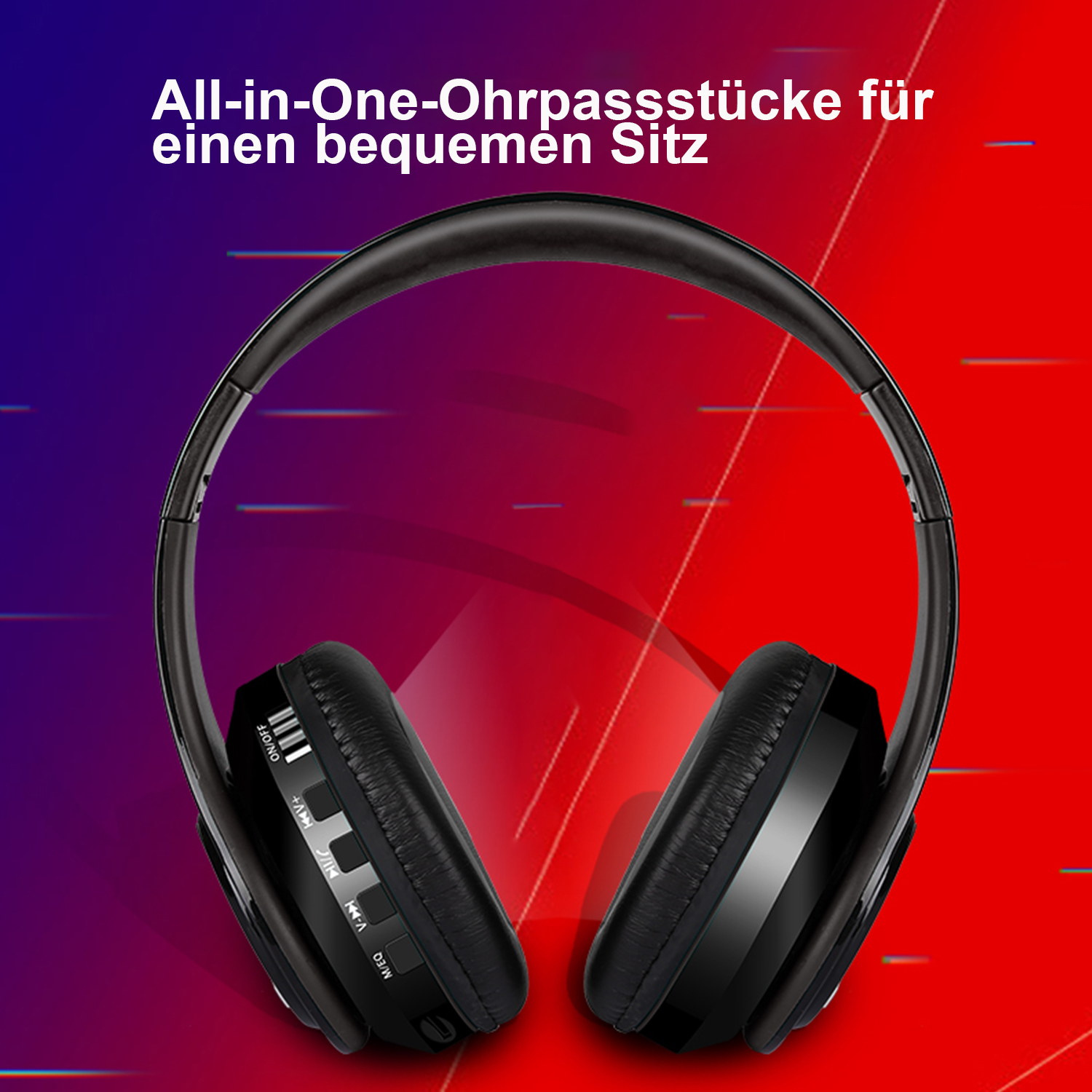 Schwarze Kopfhörer mit Ein/Aus- und Lautstärketasten, roter und blauer Hintergrund.