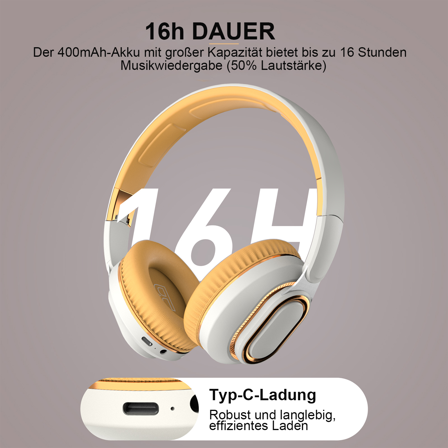 Weiß-goldene Kopfhörer auf neutralem Hintergrund. Text weist auf 16 Stunden Akkulaufzeit und Schnellladung hin.