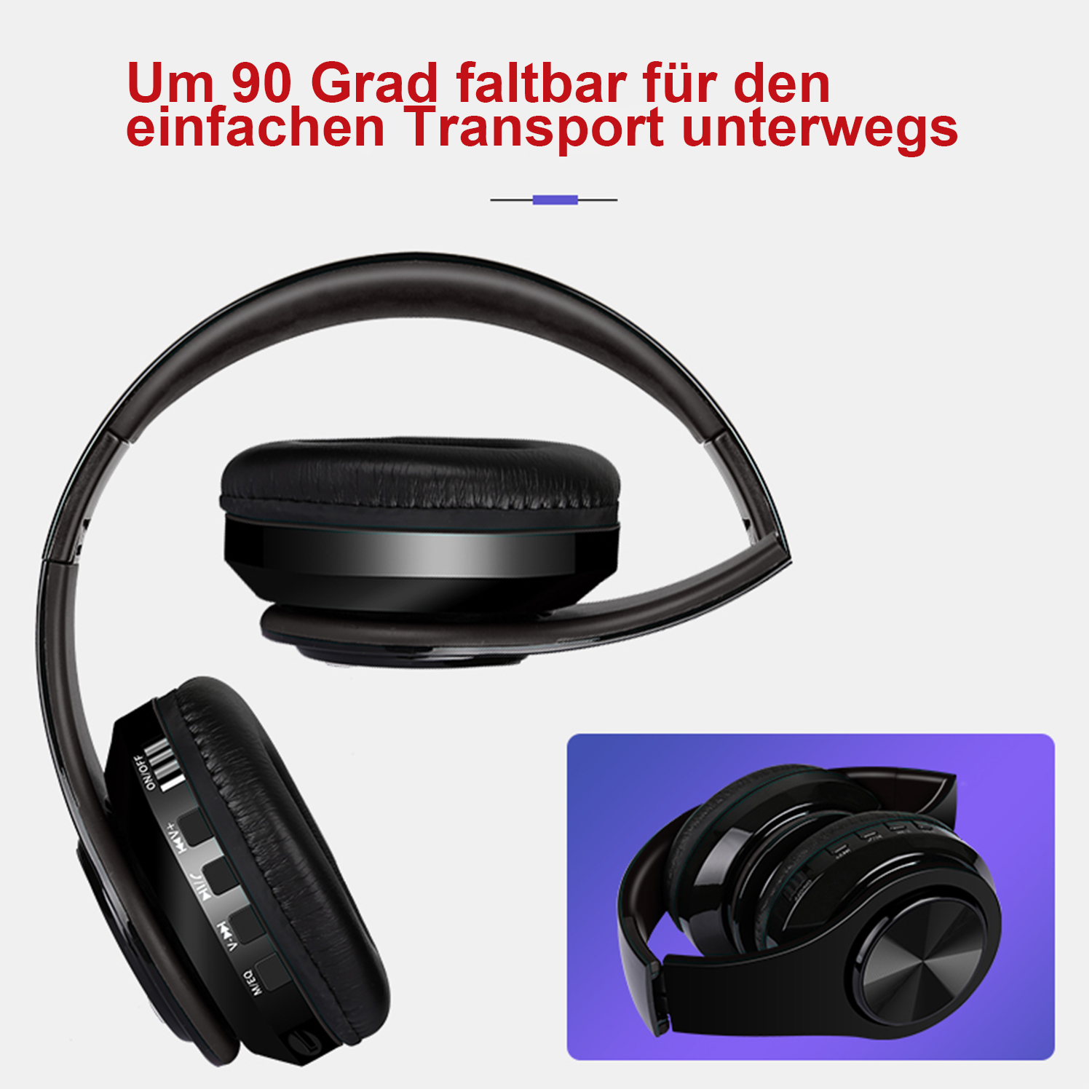 Schwarze, faltbare Kopfhörer mit Detailansicht des Faltmechanismus.