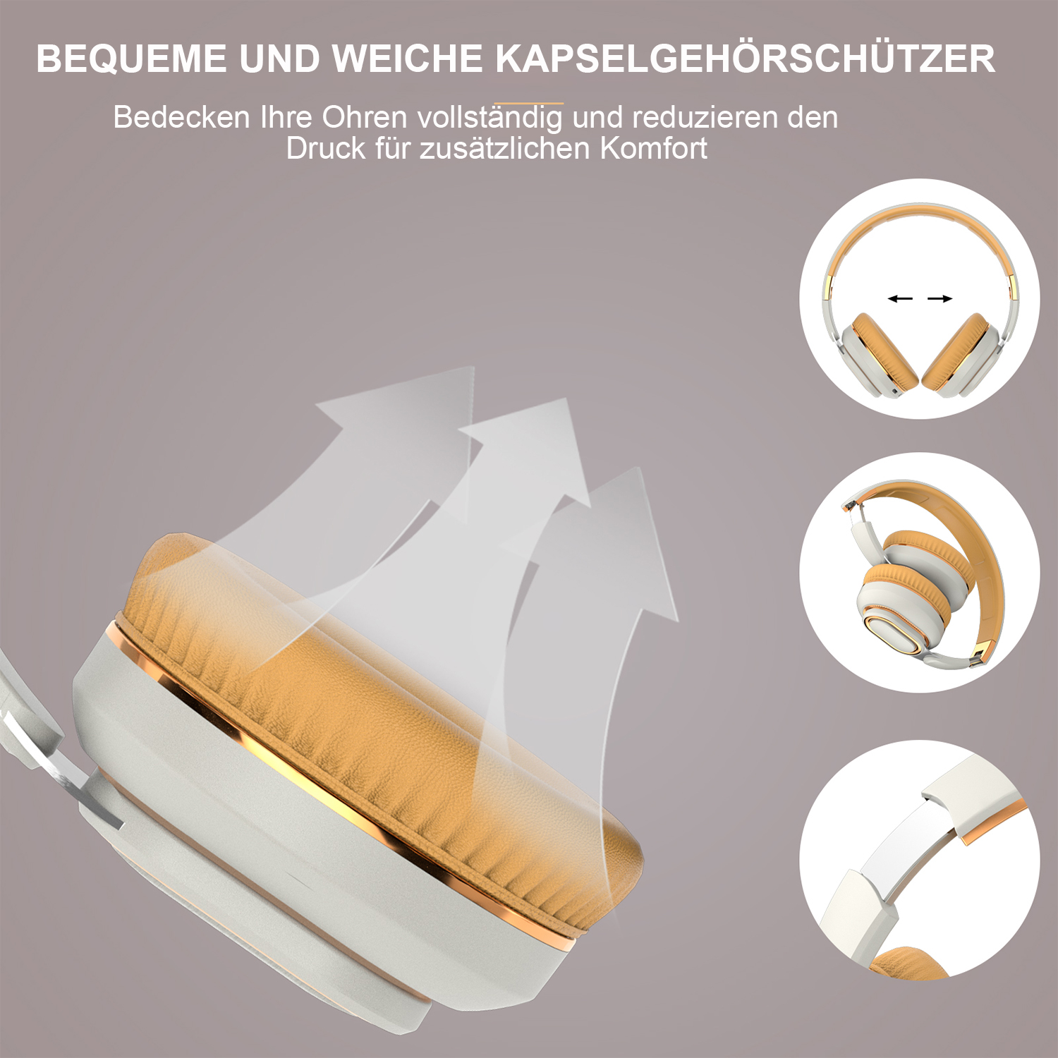 Weiße und beige Kopfhörer mit Pfeilen, drei Bilder zeigen die Teile der Kopfhörer.