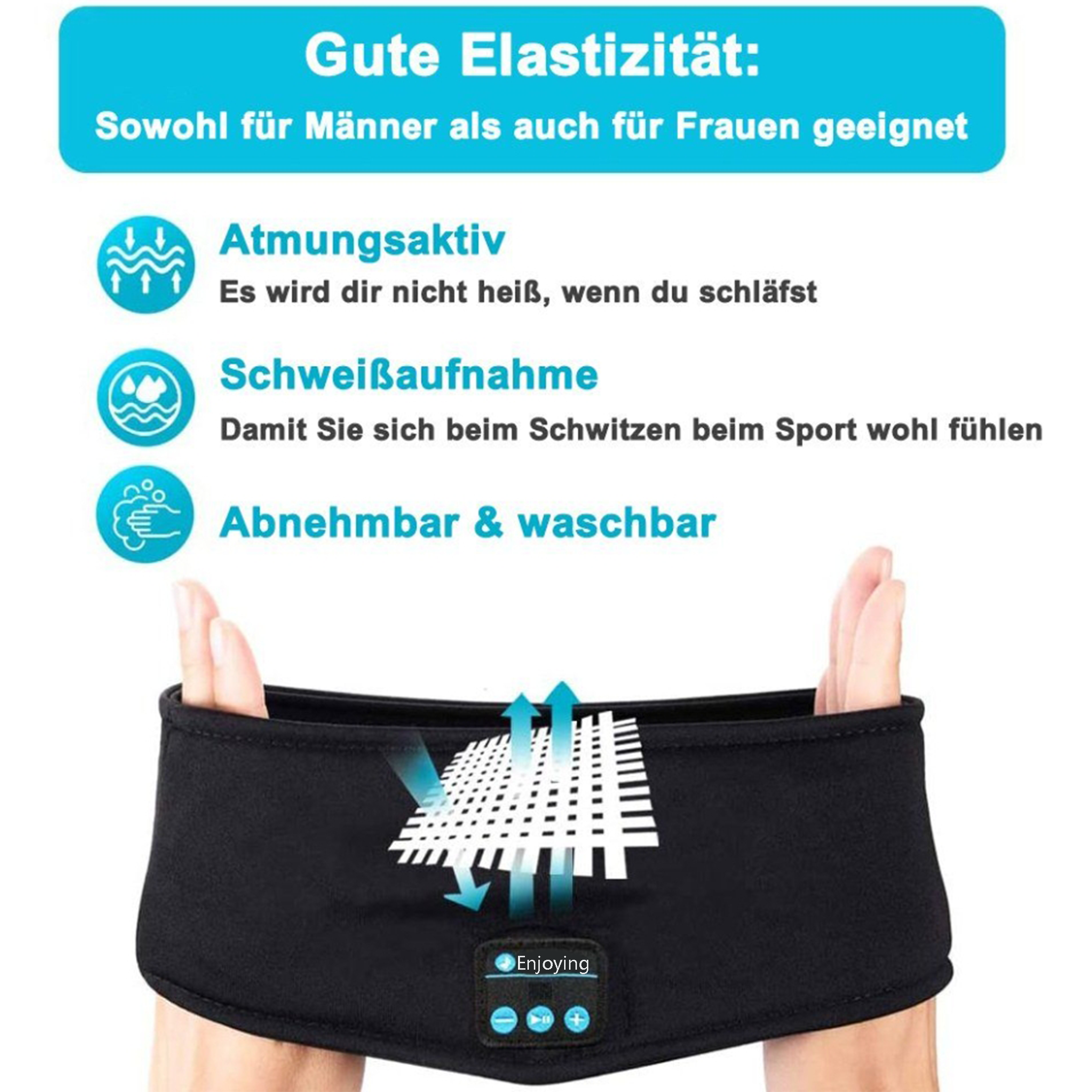 Schwarzes Stirnband mit blauen Details. Text: 'Atmungsaktiv, Schweißaufnahme, Abnehmbar'.