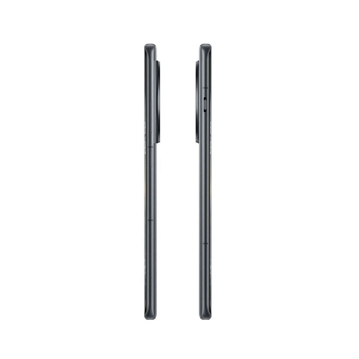 Twee zwarte smartphones naast elkaar, met het zijprofiel.