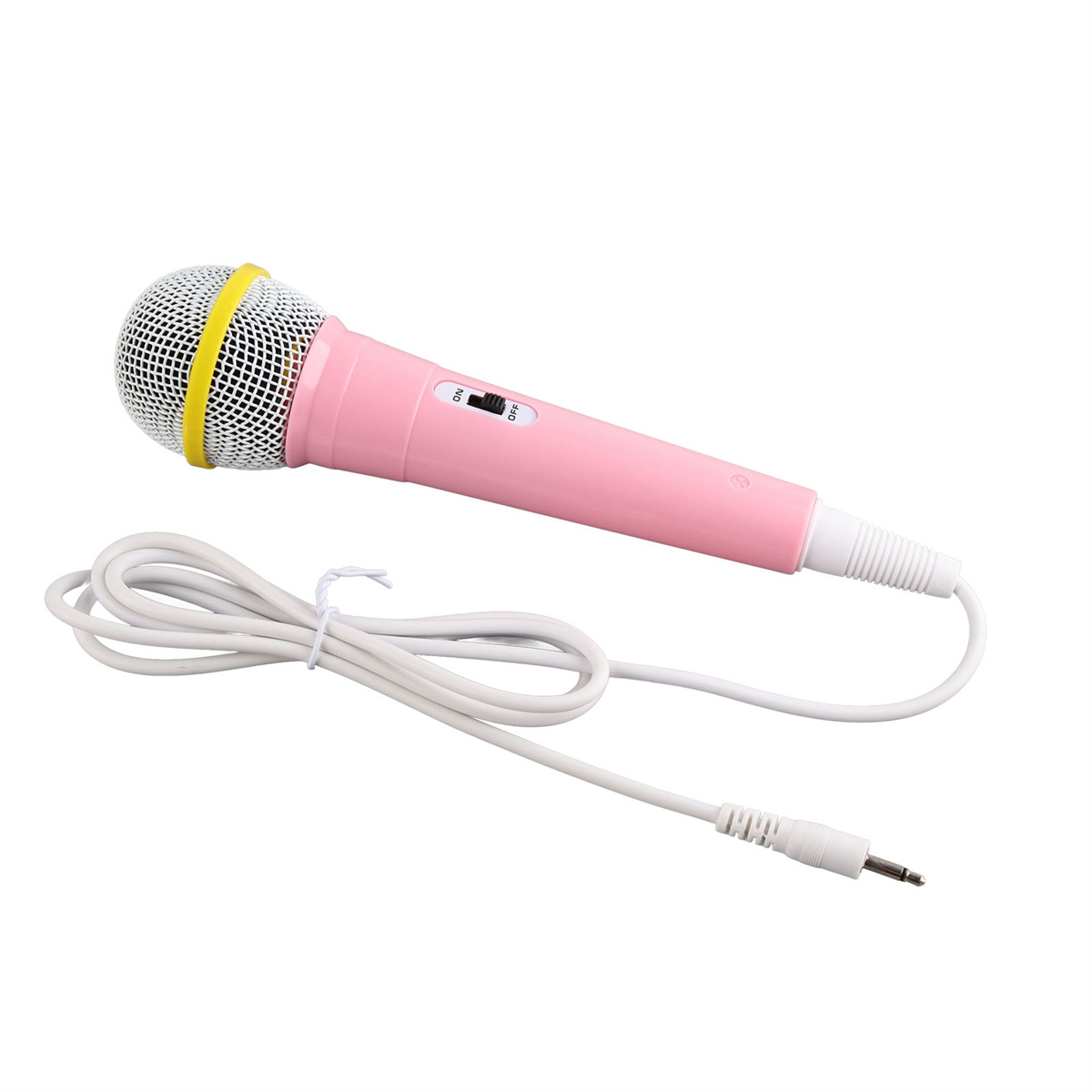 Rosa Mikrofon mit Kabel und Stecker auf weißem Hintergrund, mit dem 'On/Off'-Schalter.