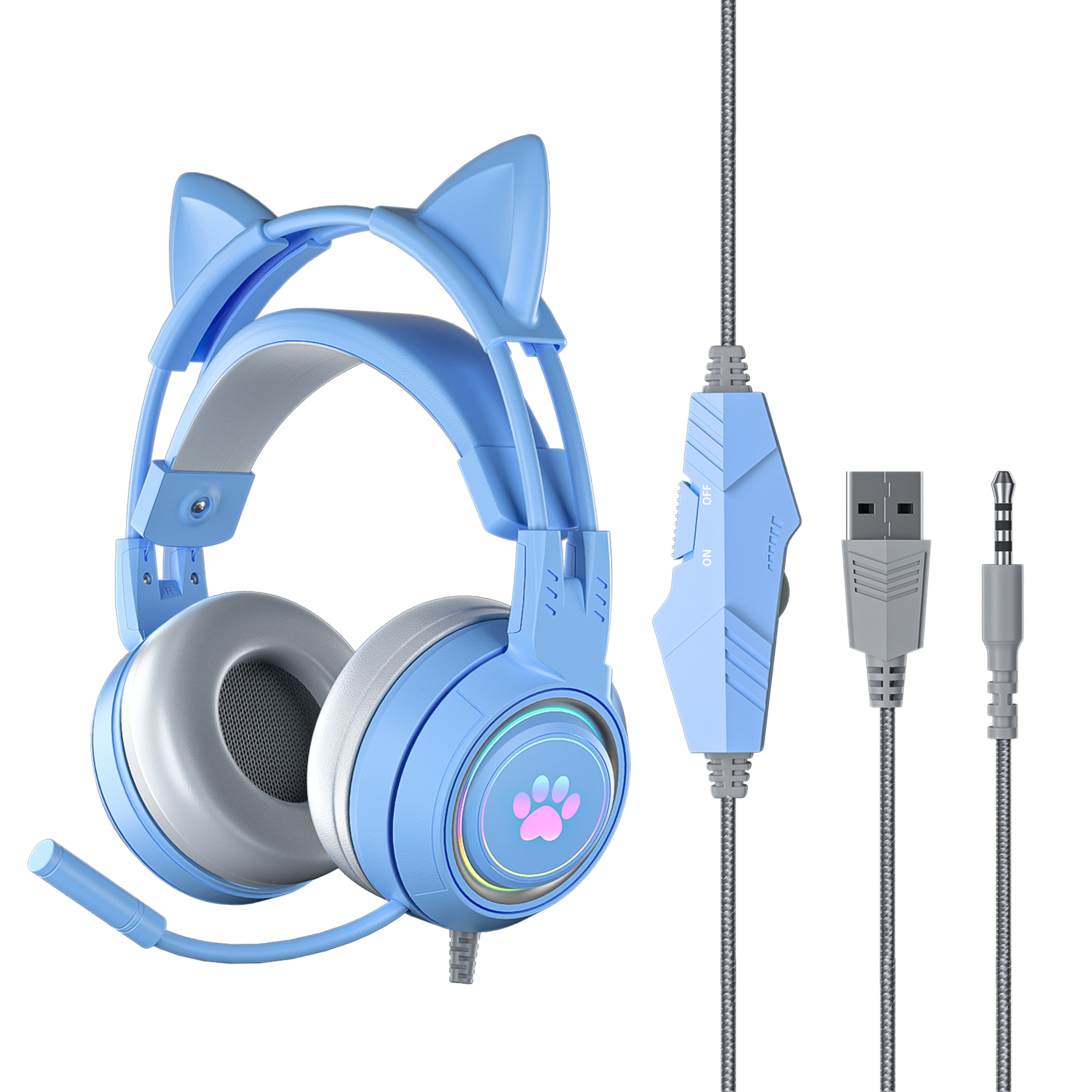 Blaue Katzenohr-Kopfhörer. Sie haben ein Mikrofon, ein Kabel und Knöpfe an der Seite.