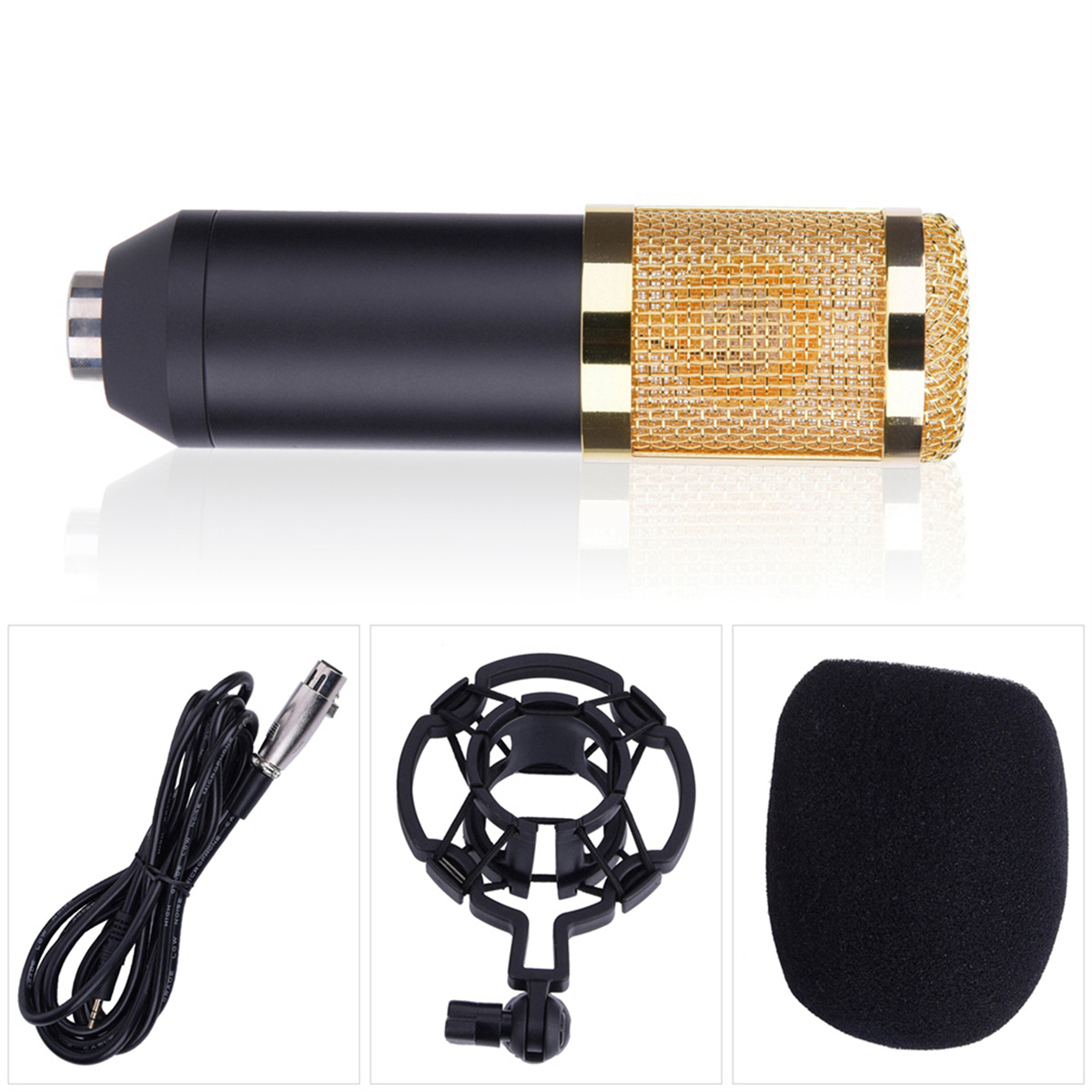Ein schwarzes und goldenes Mikrofon mit Zubehör: eine Spinne, ein Popschutz und ein Kabel.