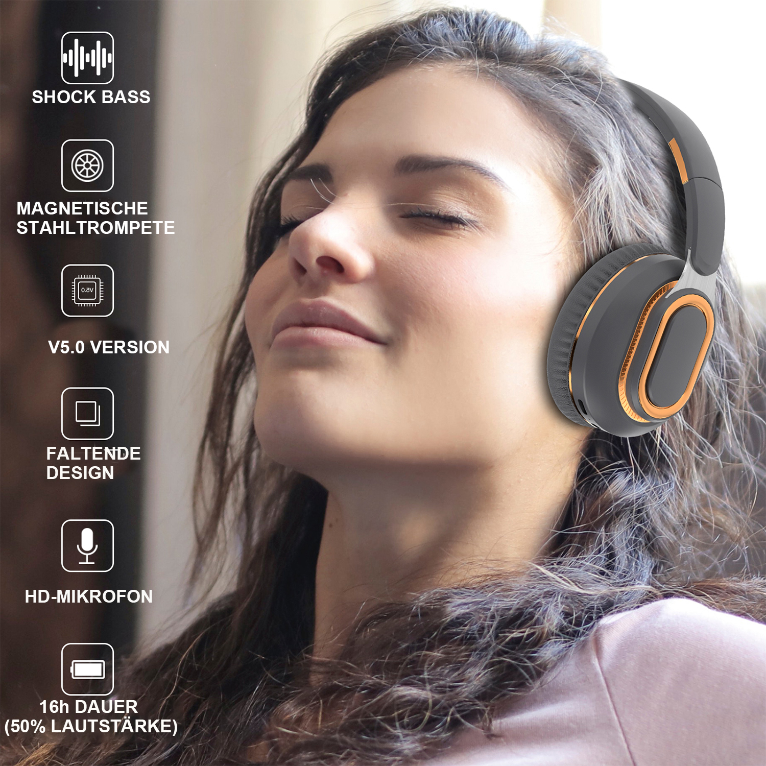 Eine Frau mit Kopfhörern, mit Symbolen für Bass, Magnet, V5.0, Falten, HD-Mikrofon und 16h Akku.