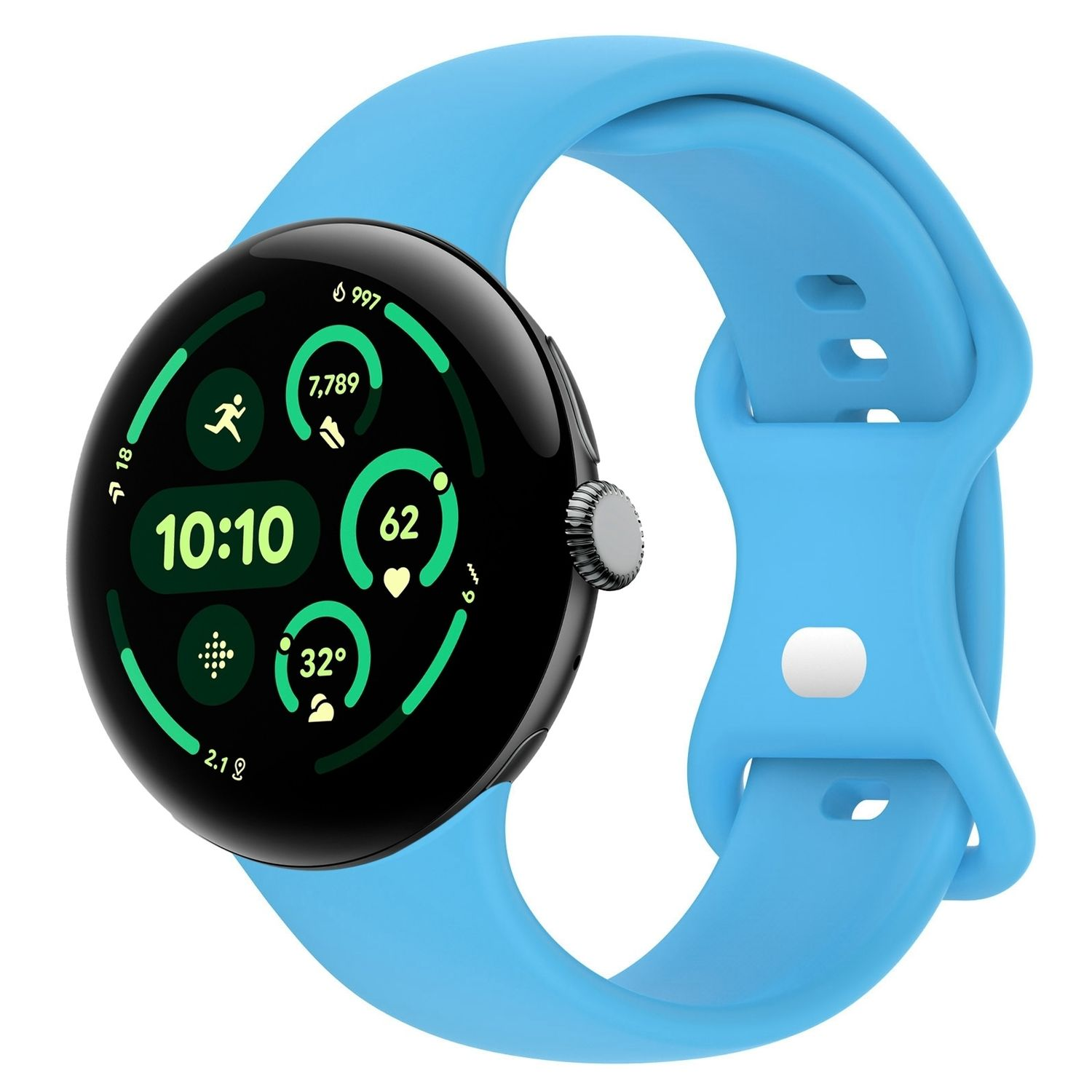 Blaue Smartwatch mit Digitalanzeige und Statistiken auf einem passenden blauen Armband.