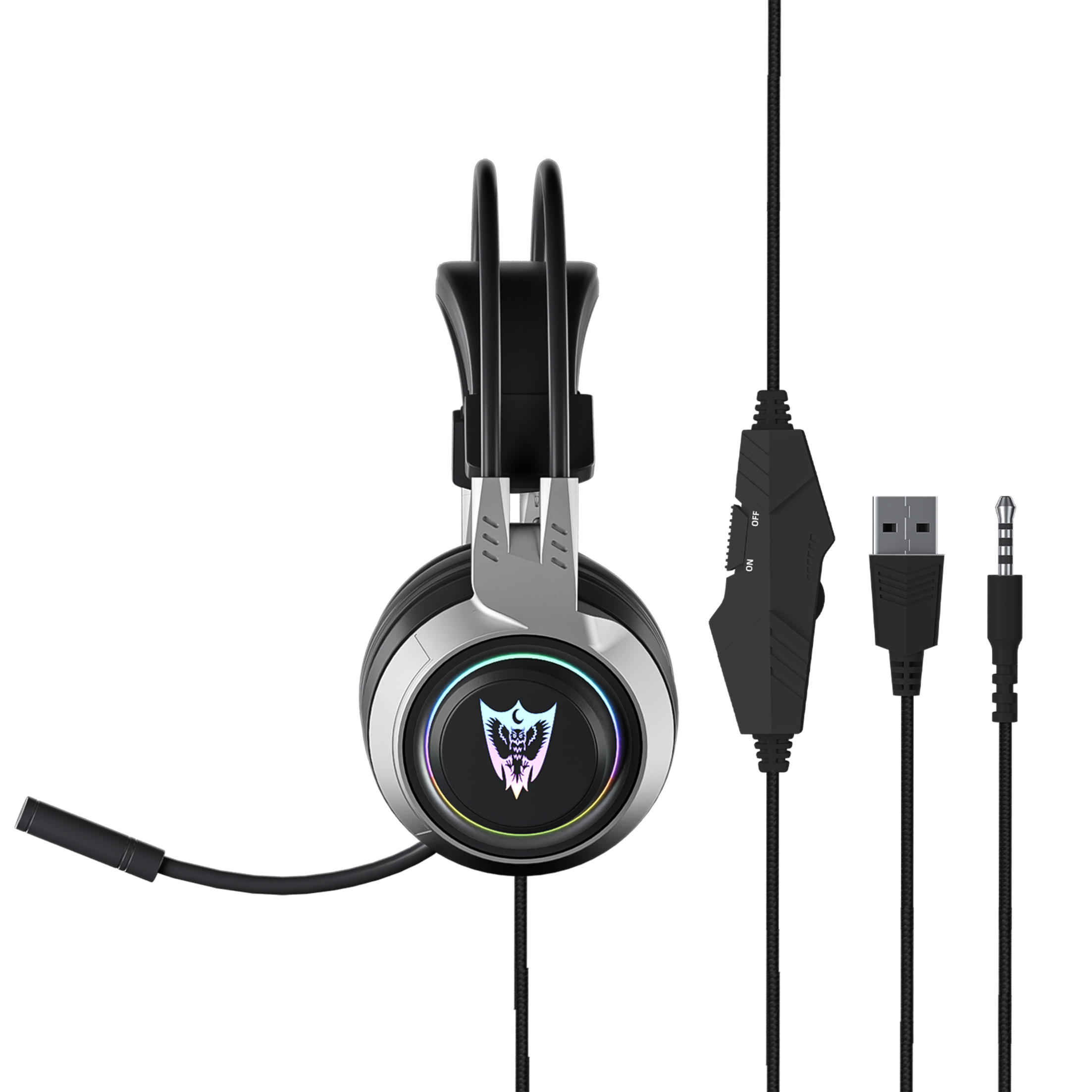 Ein Gaming-Headset mit Mikrofon, Lautstärkeregler, USB und Audioanschluss ist sichtbar.