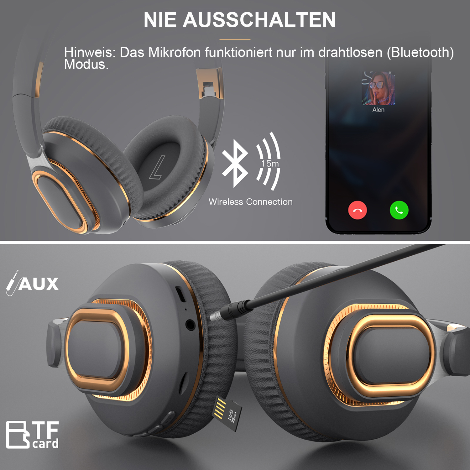 Grau-goldene Kopfhörer, mit Telefon, das einen Anruf zeigt. Karte und Kabel vorhanden.