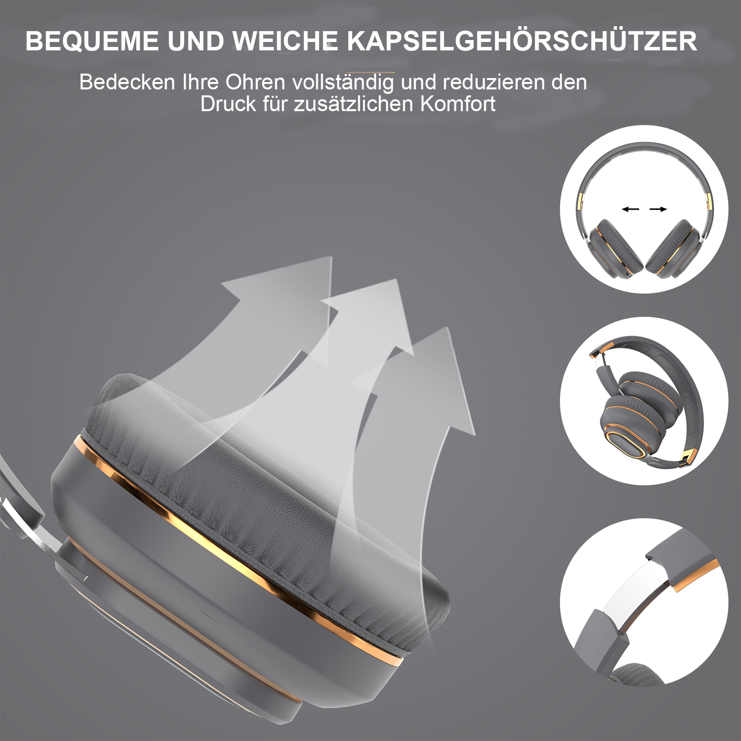 Graue Kopfhörer mit goldenen Akzenten auf grauem Hintergrund. Text über bequeme Ohrmuscheln.
