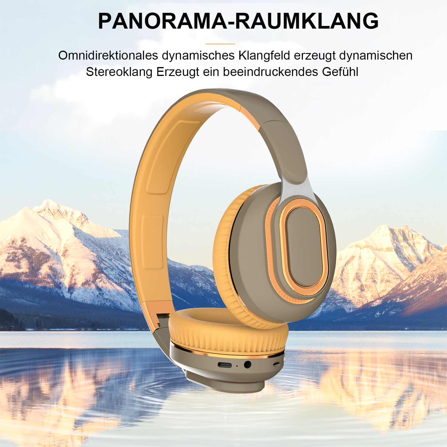 Kopfhörer mit gelb-goldenem Design. Der Hintergrund sind Berge und ein See.