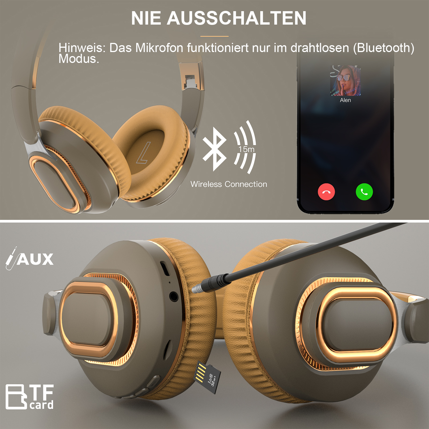 Kopfhörer mit Telefon, das einen Anruf zeigt. Die Kopfhörer haben ein Kabel und eine TF-Karte.