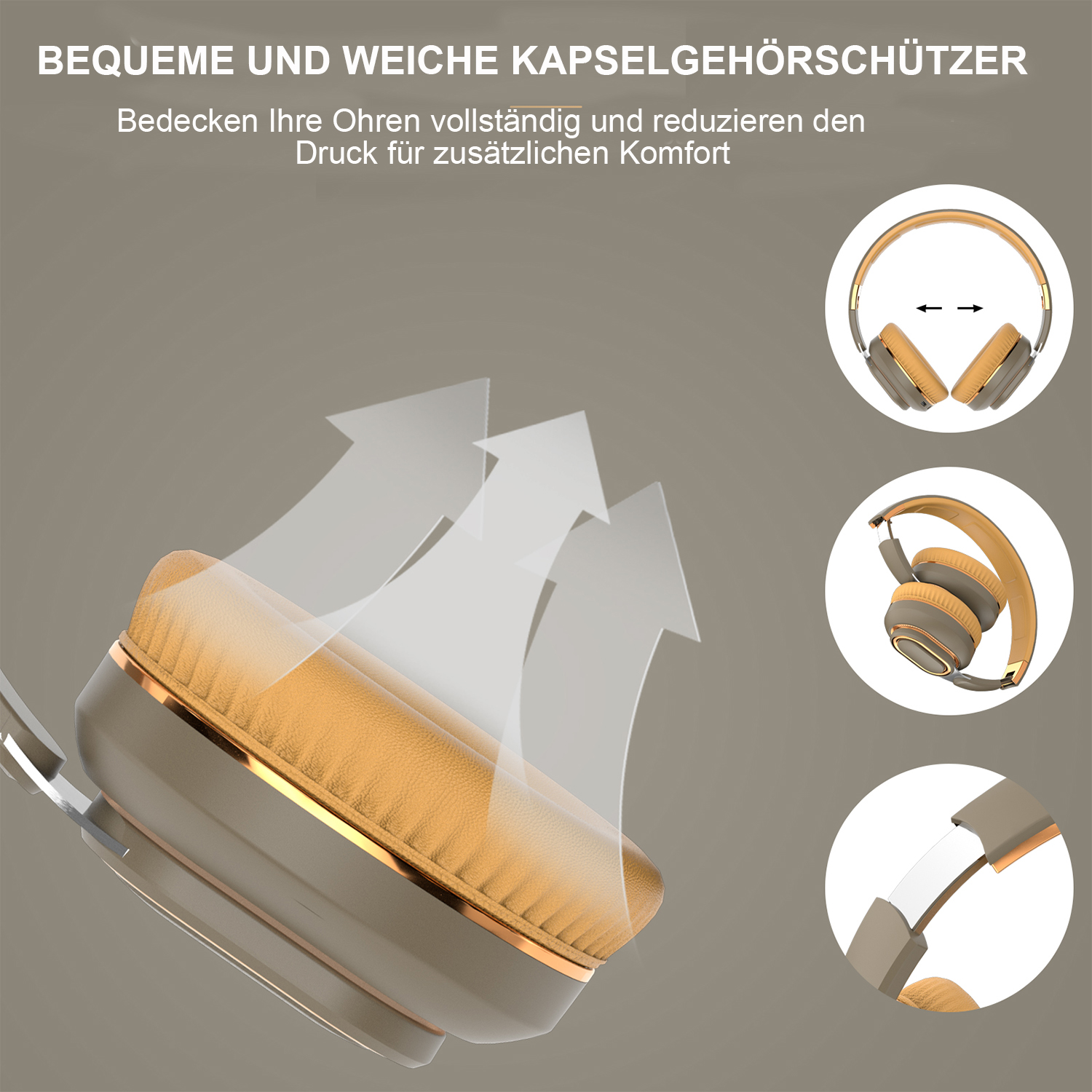 Kopfhörer mit beigefarbenen Ohrmuscheln. Pfeile weisen auf Merkmale hin. Details zeigen Kopfbügel- und Ohrmuschel-Design.