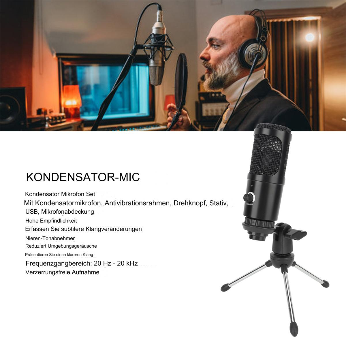 Ein Mann mit Bart benutzt ein Mikrofon in einem Studio. Ein Mikrofonständer und Text über Mikrofonfunktionen sind vorhanden.