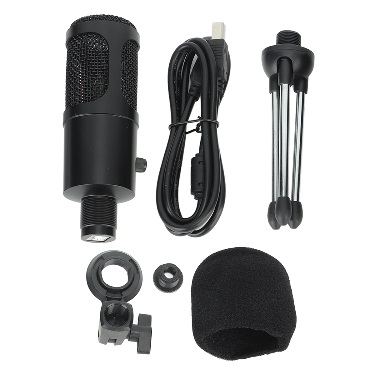 Ein schwarzes Mikrofon, USB-Kabel, Ständer und Zubehör auf weißer Oberfläche.