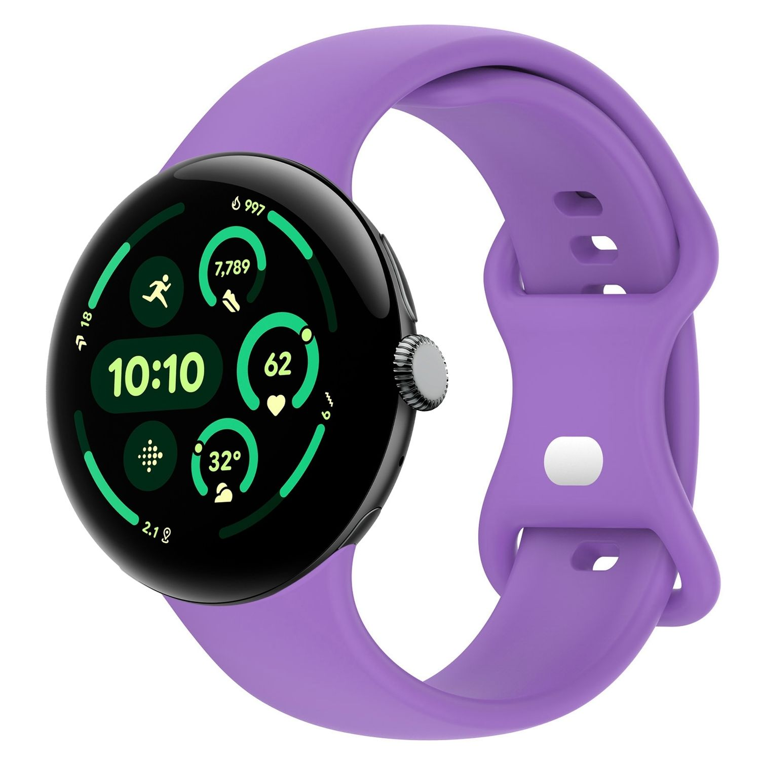 Eine lila Smartwatch mit lila Armband. Der Bildschirm zeigt Daten an. Weißer Hintergrund.