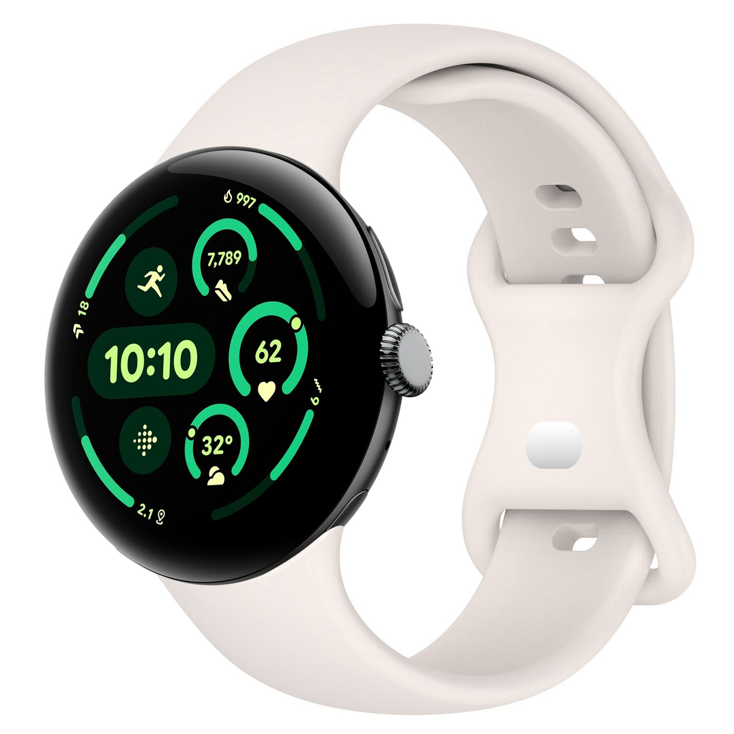 Smartwatch mit cremefarbenem Armband, rundem schwarzen Bildschirm mit Statistiken.