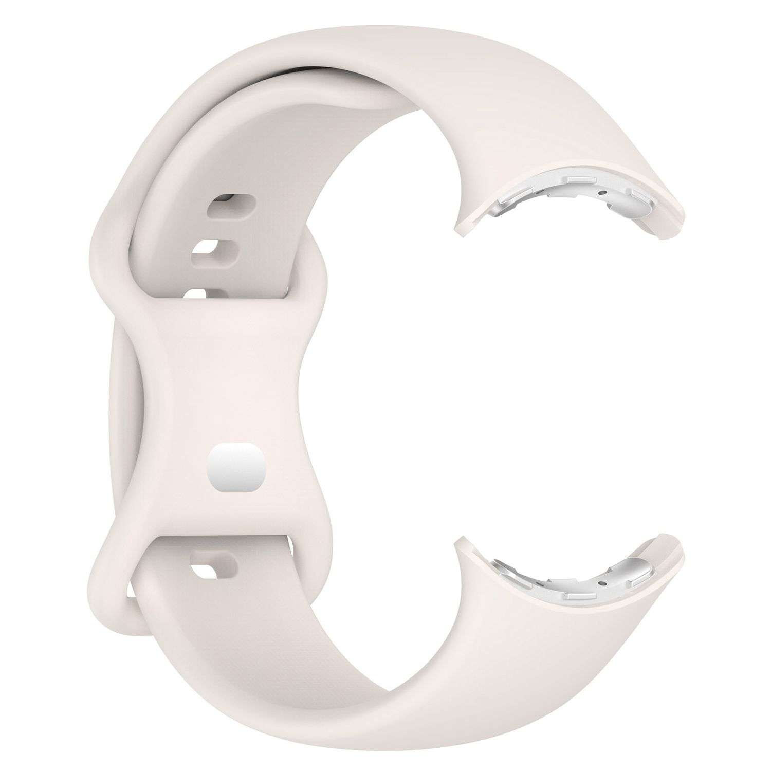 Weißes Uhrenarmband. Das Armband ist gebogen und hat einen Verschluss zur Befestigung an der Uhr.