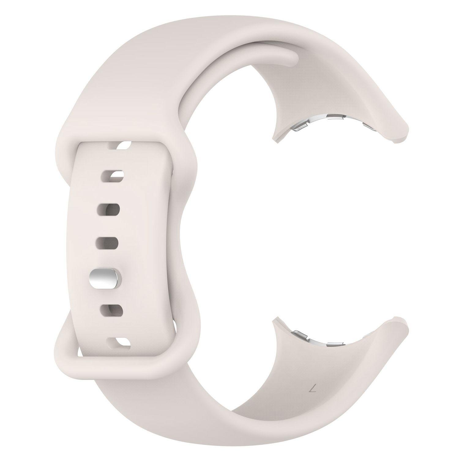 Ein helles Uhrenarmband. Das Band ist gebogen und hat einen Verschluss und Befestigungspunkte.