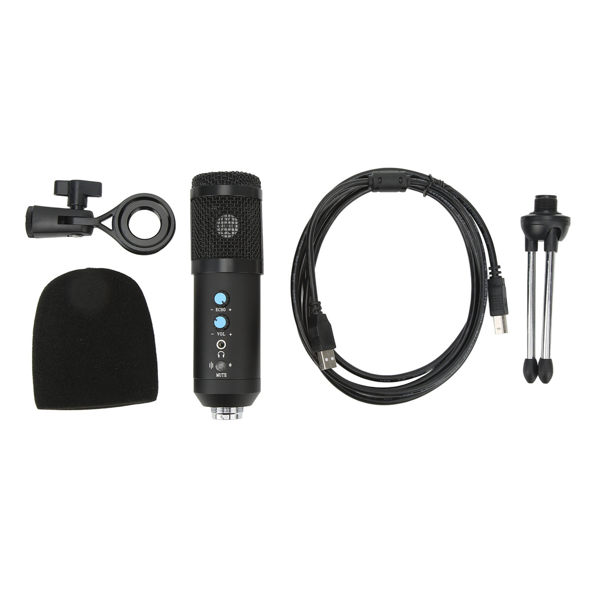 Ein schwarzes Mikrofon mit Zubehör, einschließlich Ständer und Pop-Filter.