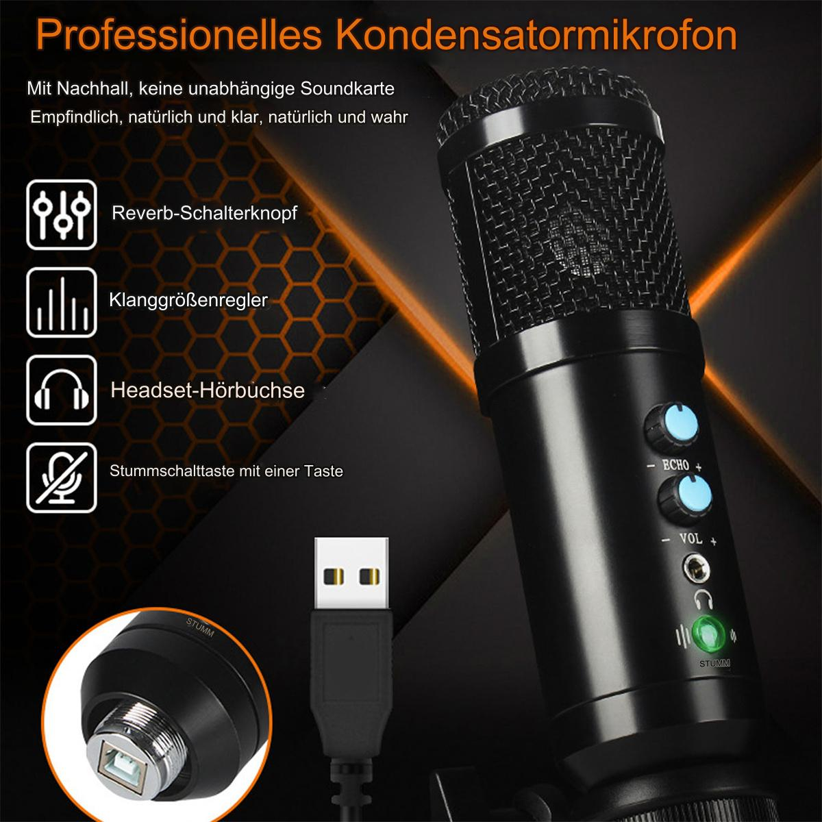 Ein schwarzes Mikrofon mit Knöpfen und einem USB-Kabel. Text auf Deutsch steht darüber.