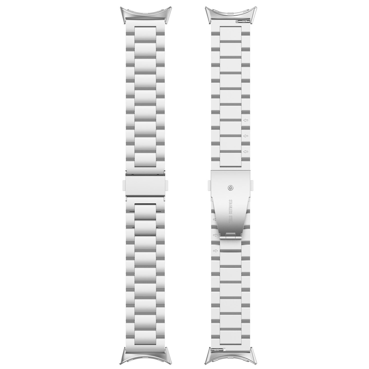 Zwei weiße Uhrenarmbänder mit Edelstahlverschluss. Die Armbänder sind auf weißem Hintergrund.