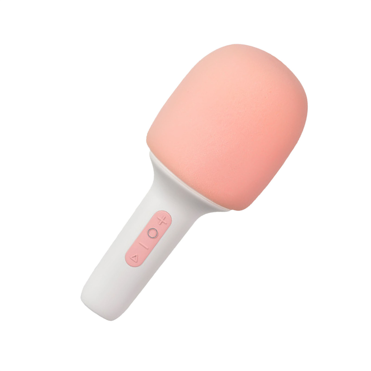 Weißes und rosa Mikrofon mit Knöpfen. Das Mikrofon hat ein abgerundetes, rosa Schaumstoffende.