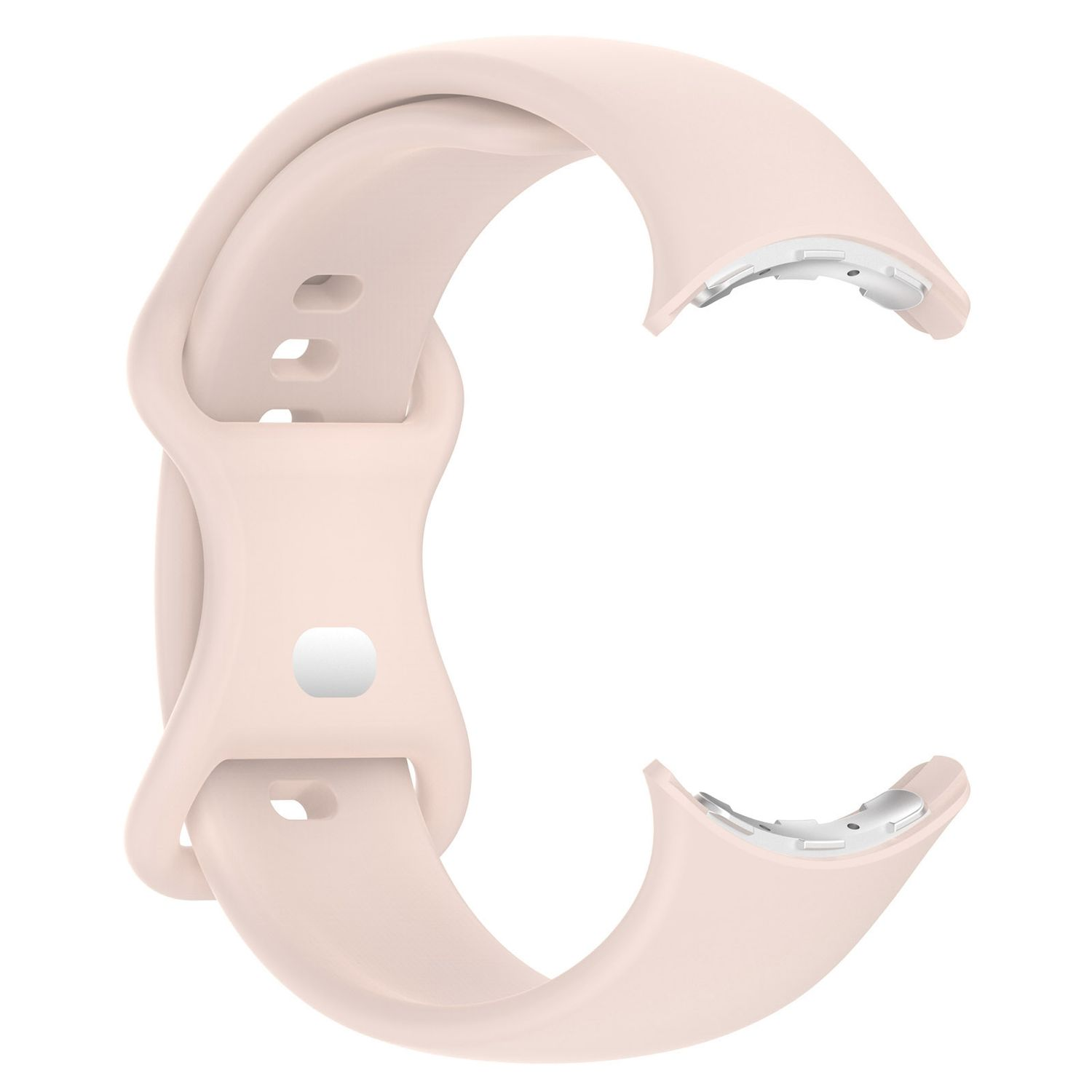 Ein hellrosa Uhrenarmband. Das Band ist ein Schlaufendesign mit einem Verschluss.