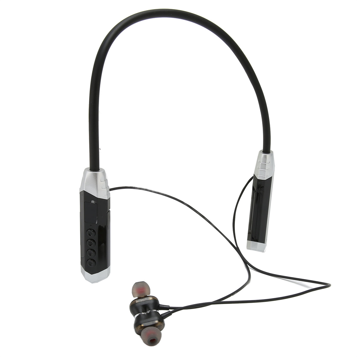 Schwarze und silberne drahtlose Kopfhörer mit Nackenband. Ohrhörer hängen am Band.