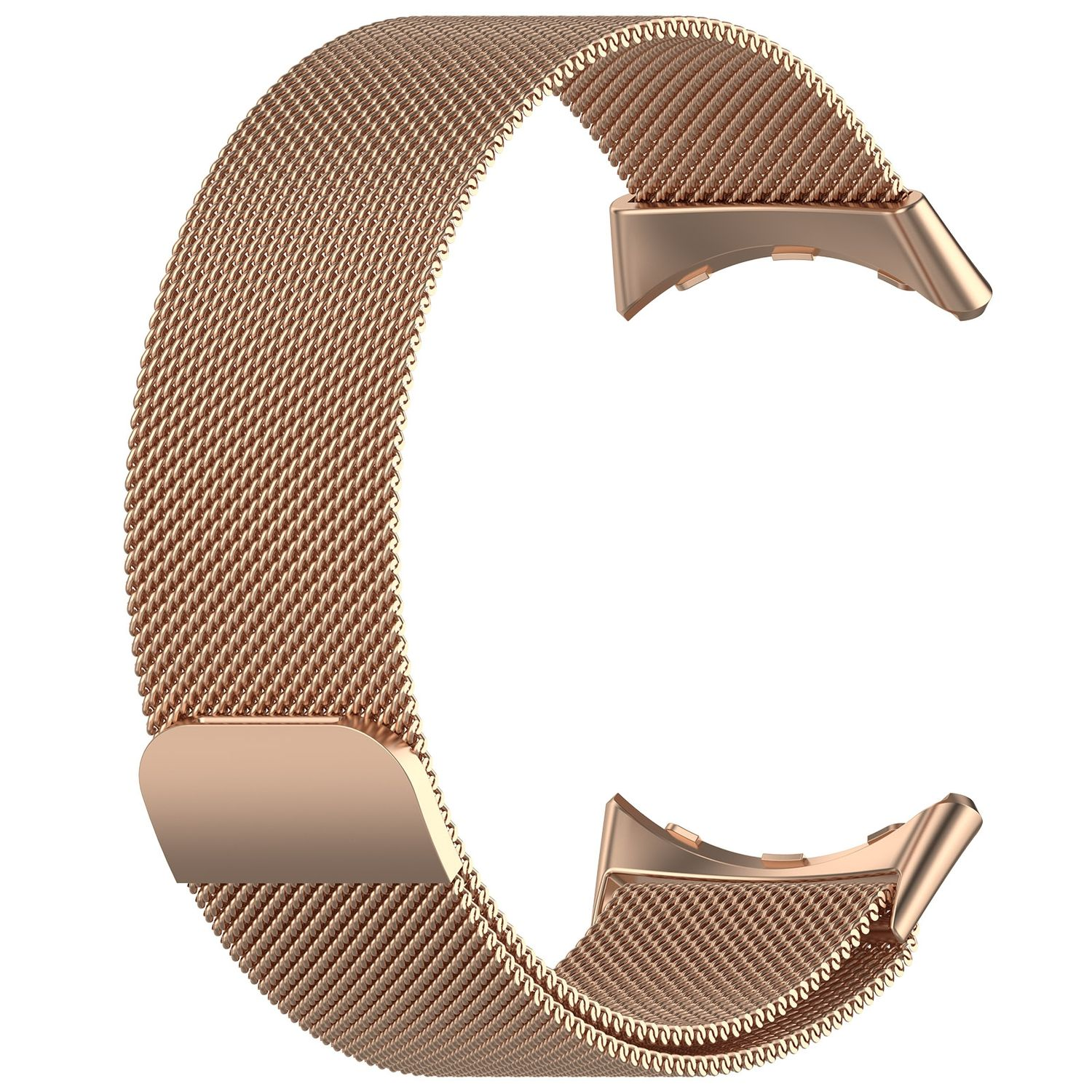 Roségoldenes Mesh-Uhrenarmband. Das Armband ist metallisch roségoldfarben und hat Verschlüsse an beiden Enden.