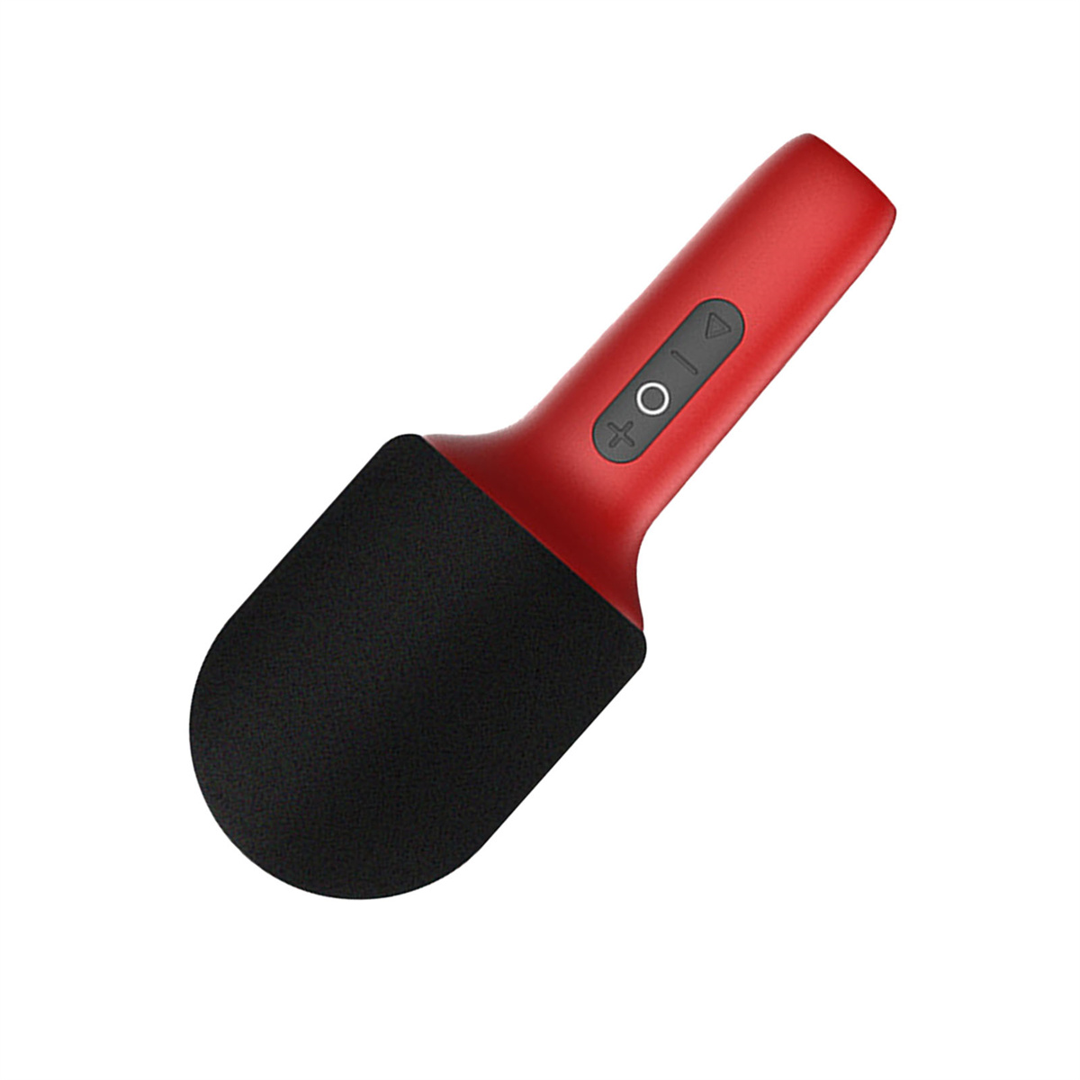 Rotes Mikrofon mit schwarzem Schaumstoffbezug. Hat Plus-, Minus- und Kreistasten. Weißer Hintergrund.