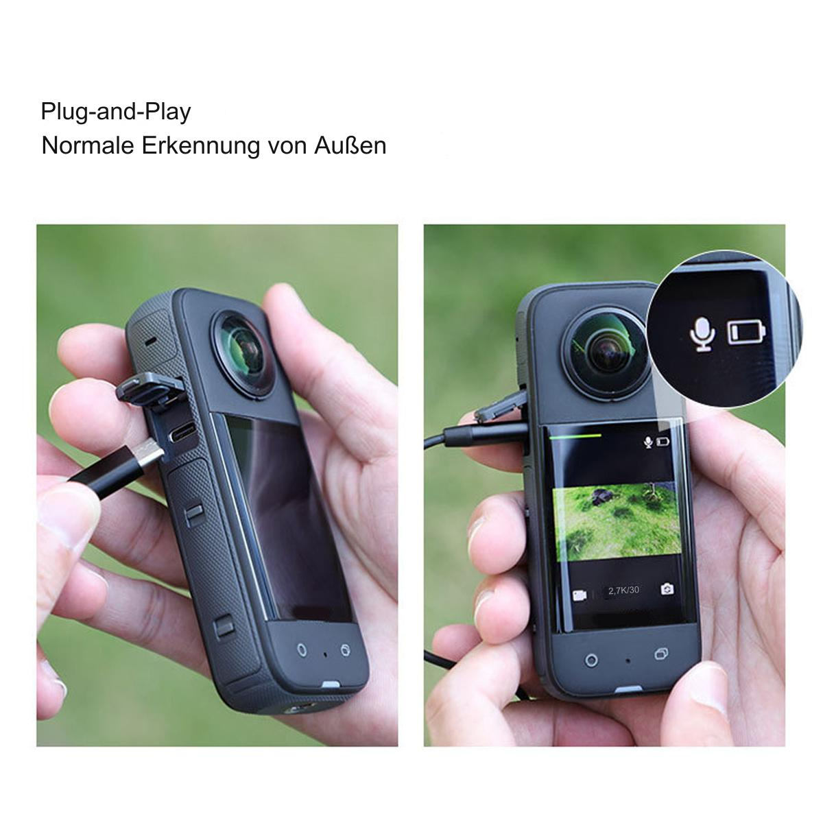 Zwei Bilder einer 360-Grad-Kamera, die mit einem Telefon verbunden ist. Schwarze Kamera, weißer Hintergrund.