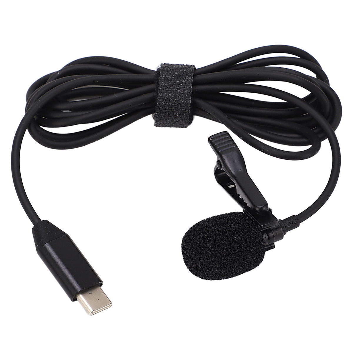 Schwarzes Reversmikrofon mit USB-C-Anschluss und Kabel auf weißem Hintergrund.