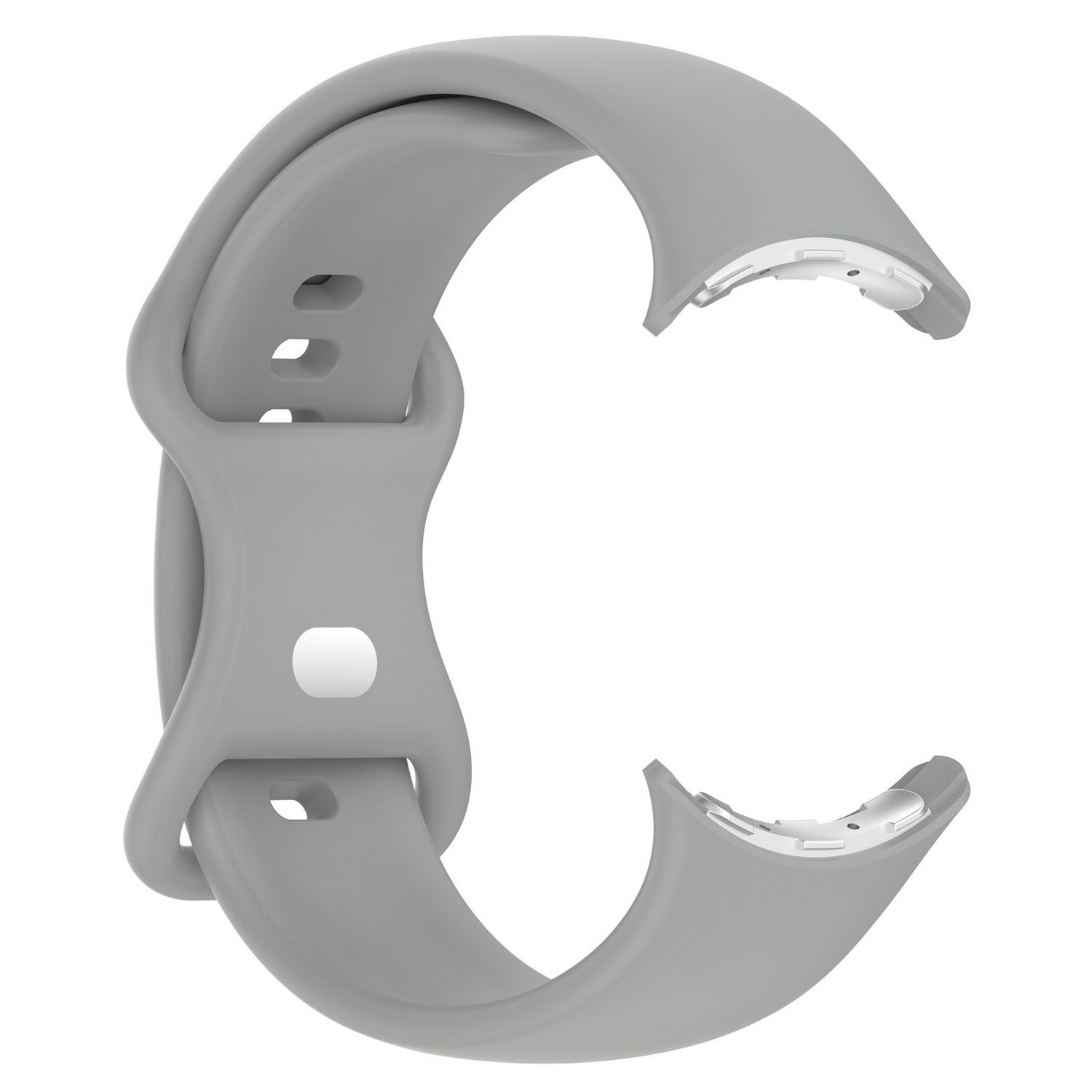 Graues Silikon-Uhrenarmband. Gebogenes Design. Weiße metallische Enden. Weißer Hintergrund.
